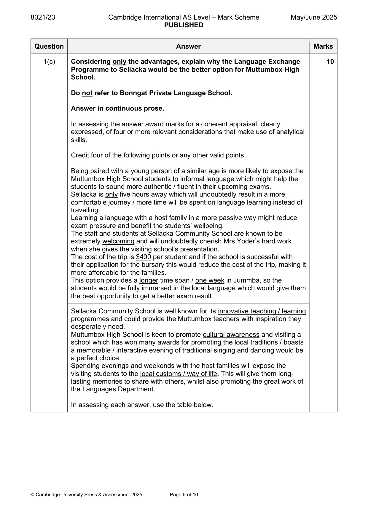 Mark scheme, page 5 of 10