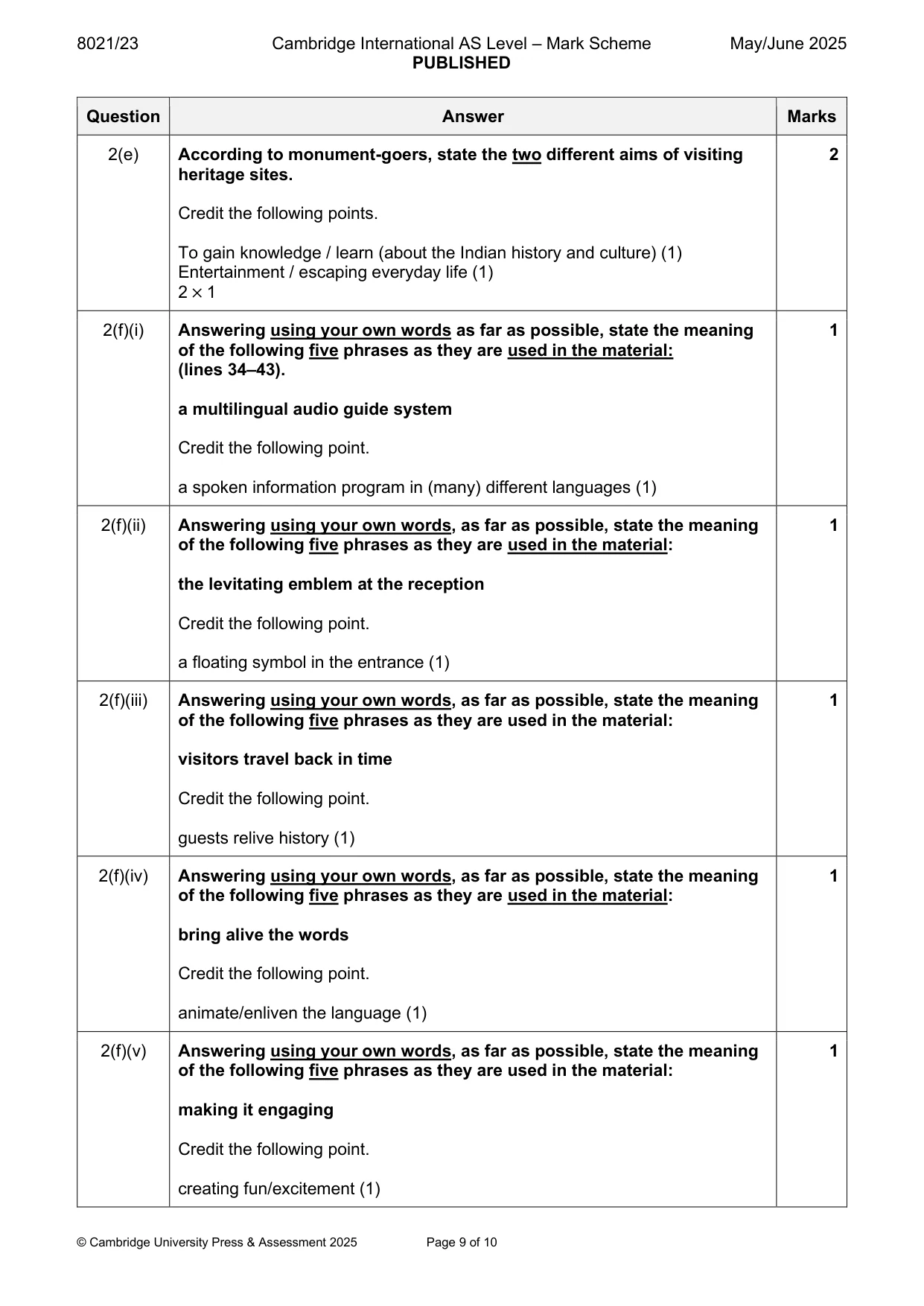 Mark scheme, page 9 of 10