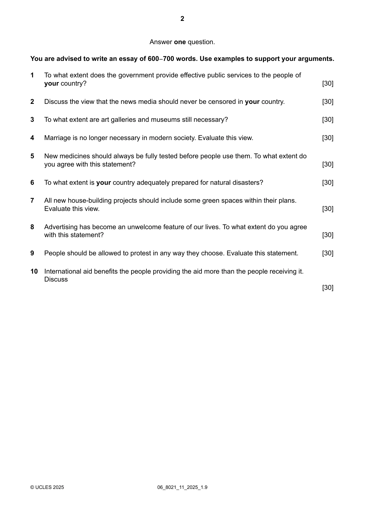 Cambridge A Level English General Paper 8021 2025 May/June Paper 1 · Variant 1 question paper, page 2 of 4