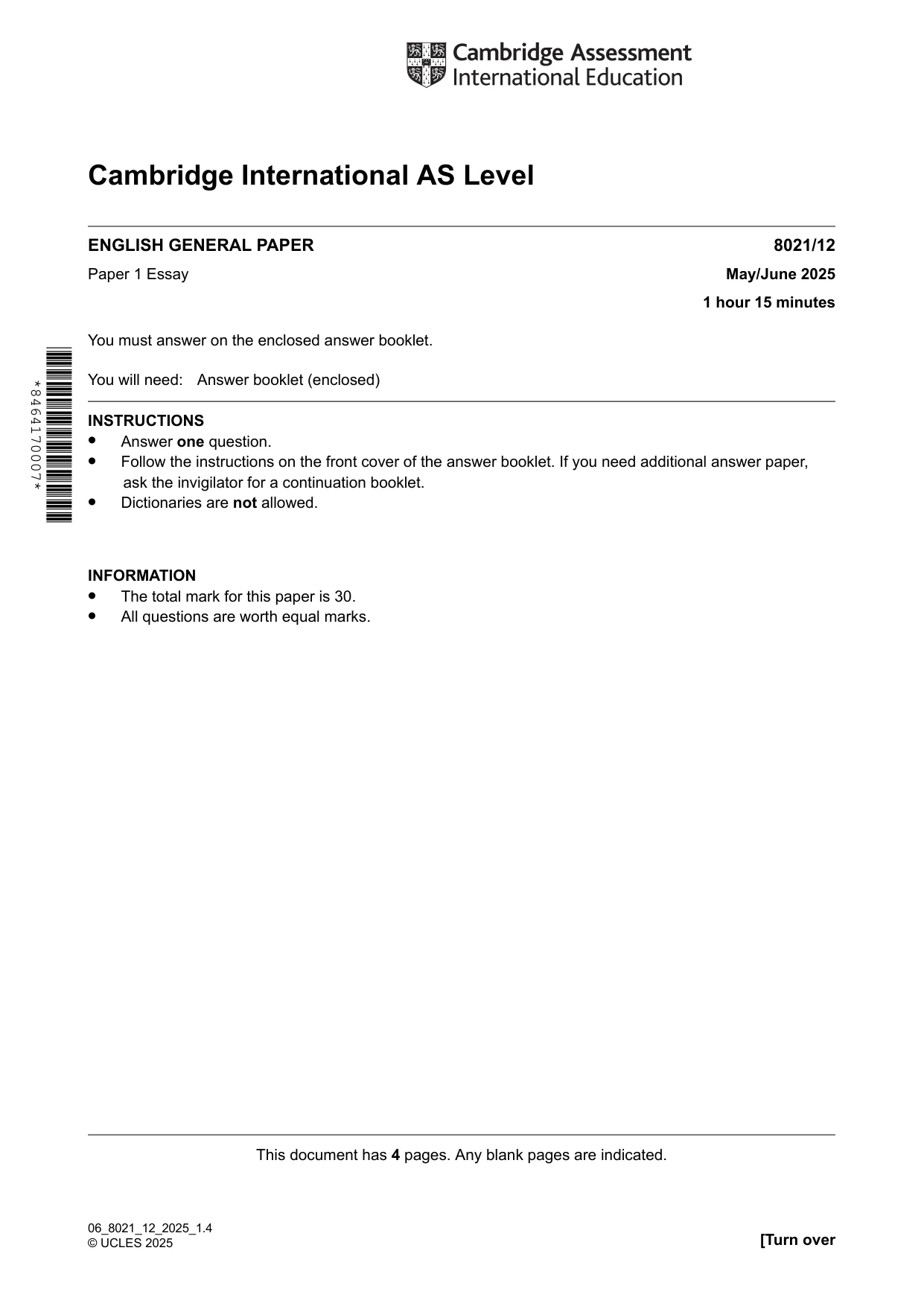 Cambridge A Level English General Paper 8021 2025 May/June Paper 1 · Variant 2 question paper, page 1 of 4