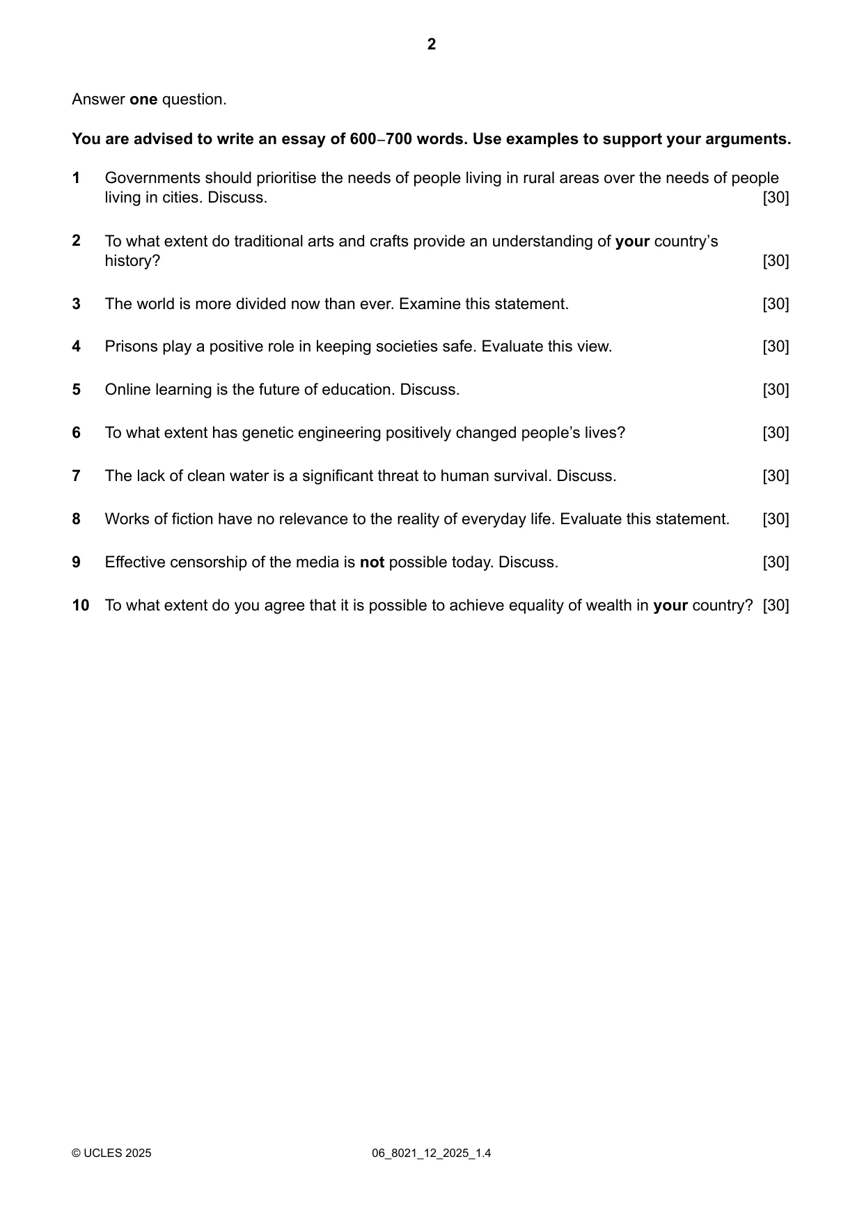 Cambridge A Level English General Paper 8021 2025 May/June Paper 1 · Variant 2 question paper, page 2 of 4