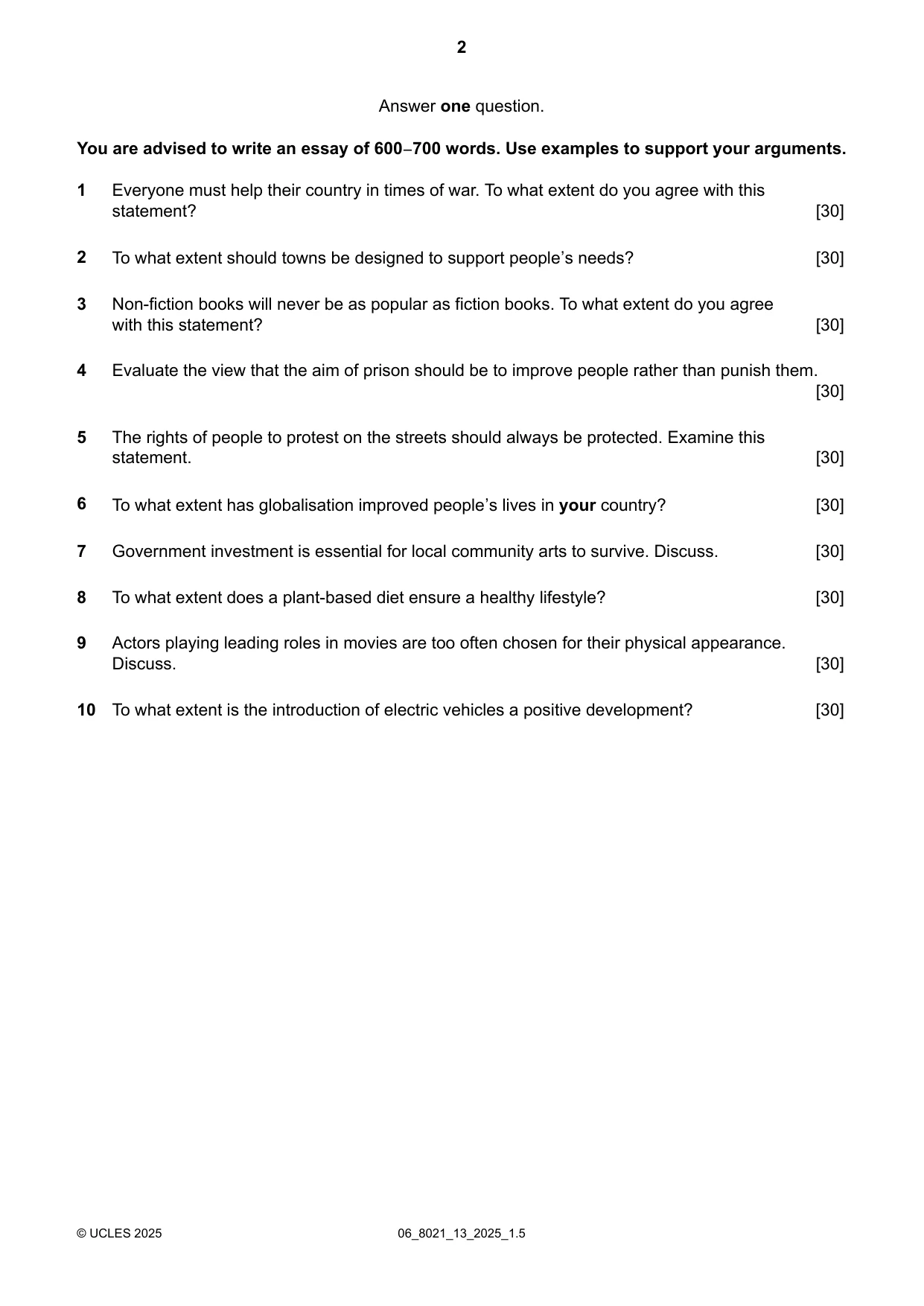 Cambridge A Level English General Paper 8021 2025 May/June Paper 1 · Variant 3 question paper, page 2 of 4