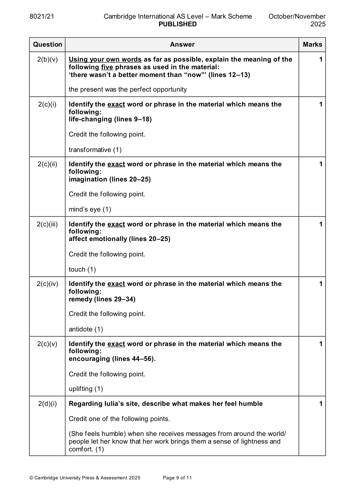 Mark scheme, page 9 of 11