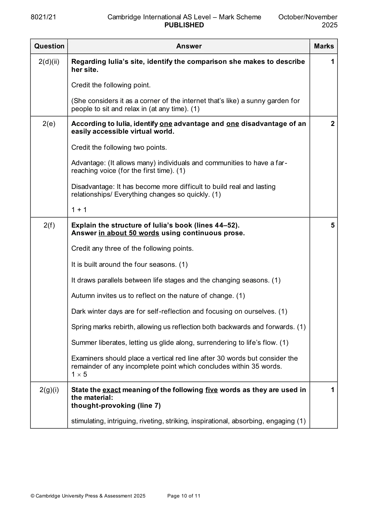 Mark scheme, page 10 of 11
