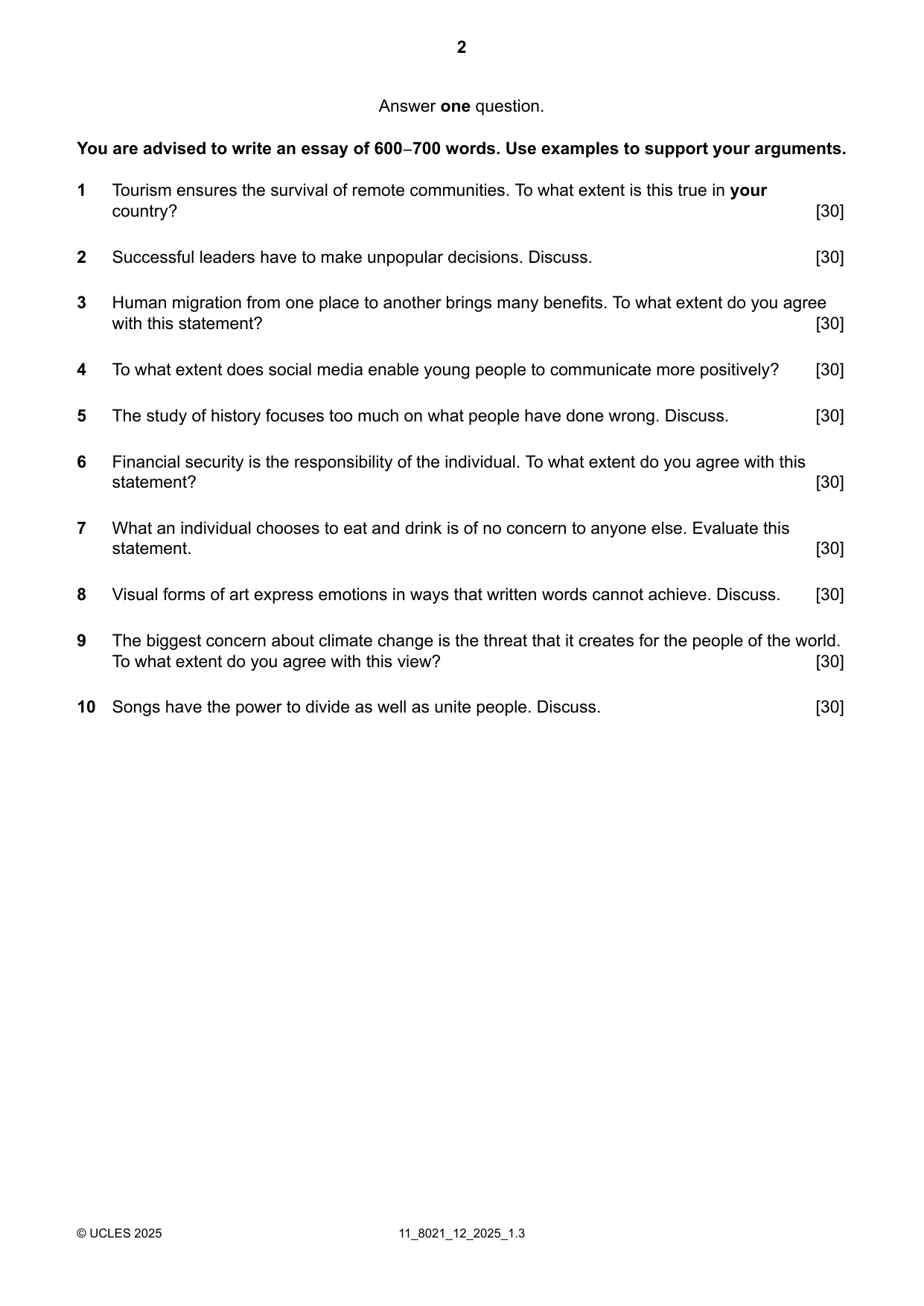 Cambridge A Level English General Paper 8021 2025 Oct/Nov Paper 1 · Variant 2 question paper, page 2 of 4