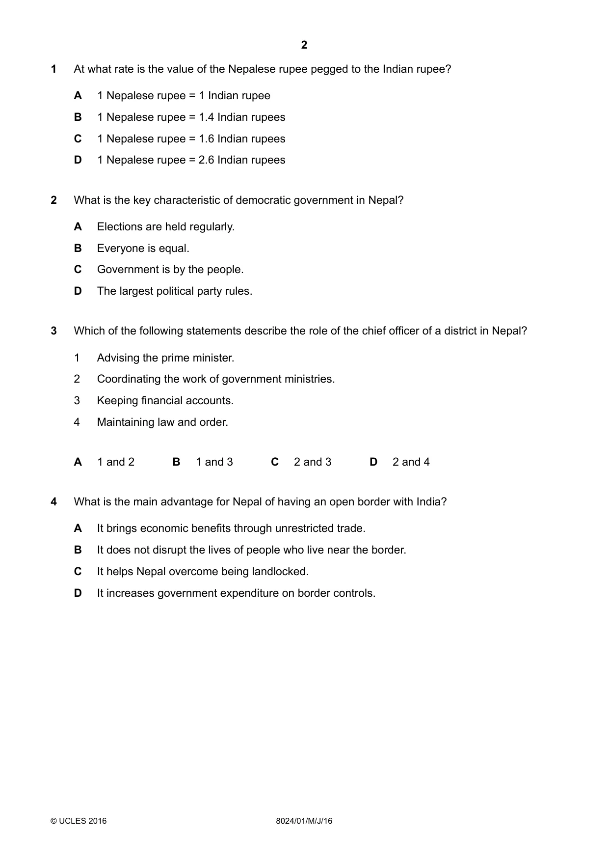 Cambridge A Level Nepal Studies (AS Level only) 8024 2016 May/June Paper 1 · Variant 0 question paper, page 2 of 12