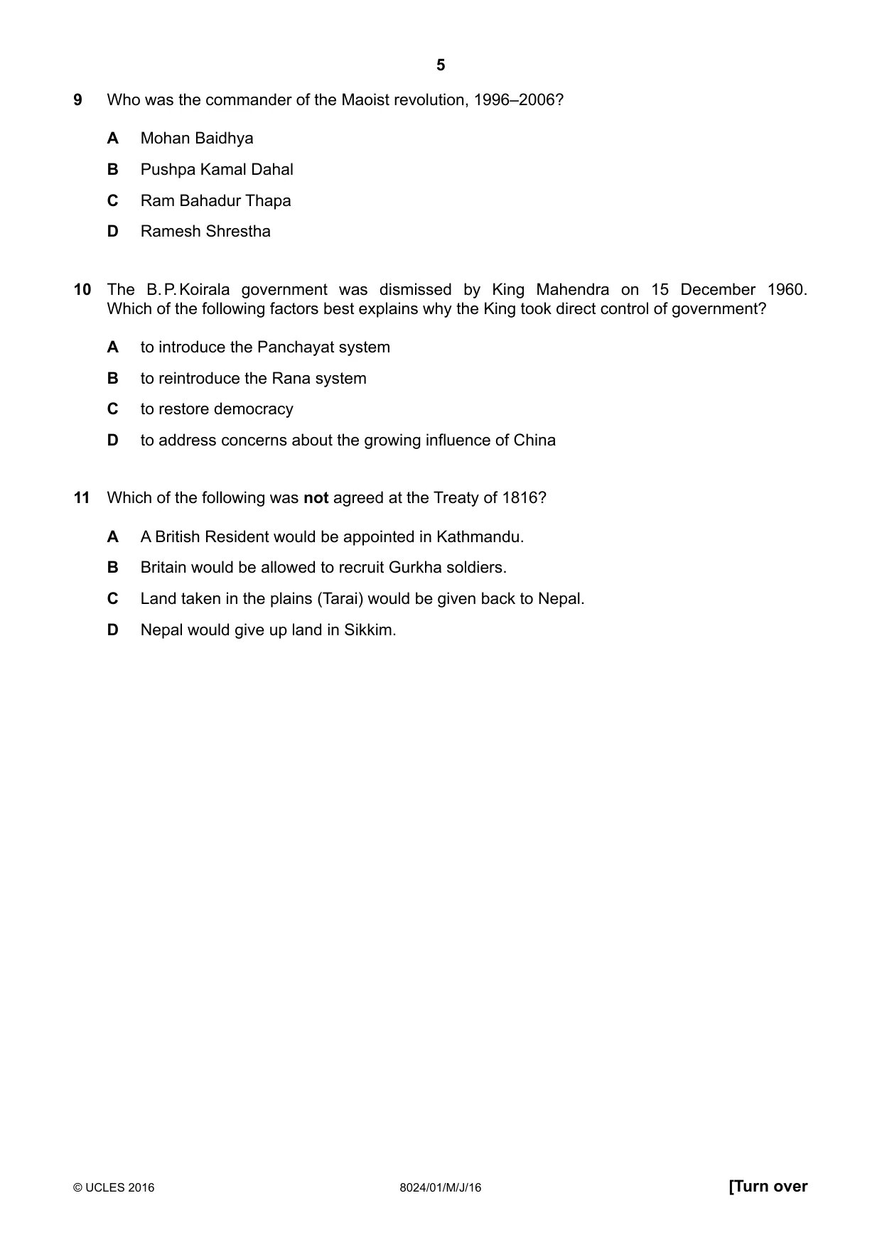 Cambridge A Level Nepal Studies (AS Level only) 8024 2016 May/June Paper 1 · Variant 0 question paper, page 5 of 12