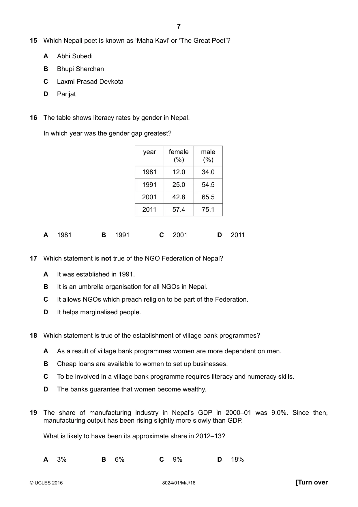Cambridge A Level Nepal Studies (AS Level only) 8024 2016 May/June Paper 1 · Variant 0 question paper, page 7 of 12