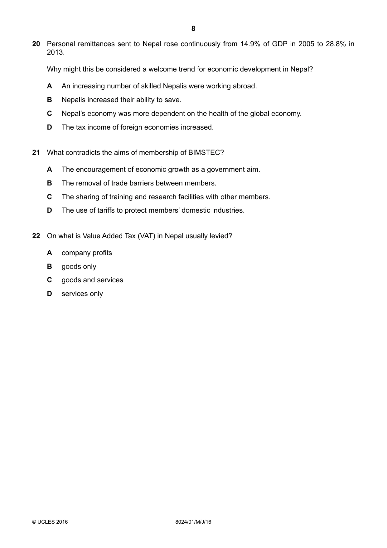 Cambridge A Level Nepal Studies (AS Level only) 8024 2016 May/June Paper 1 · Variant 0 question paper, page 8 of 12
