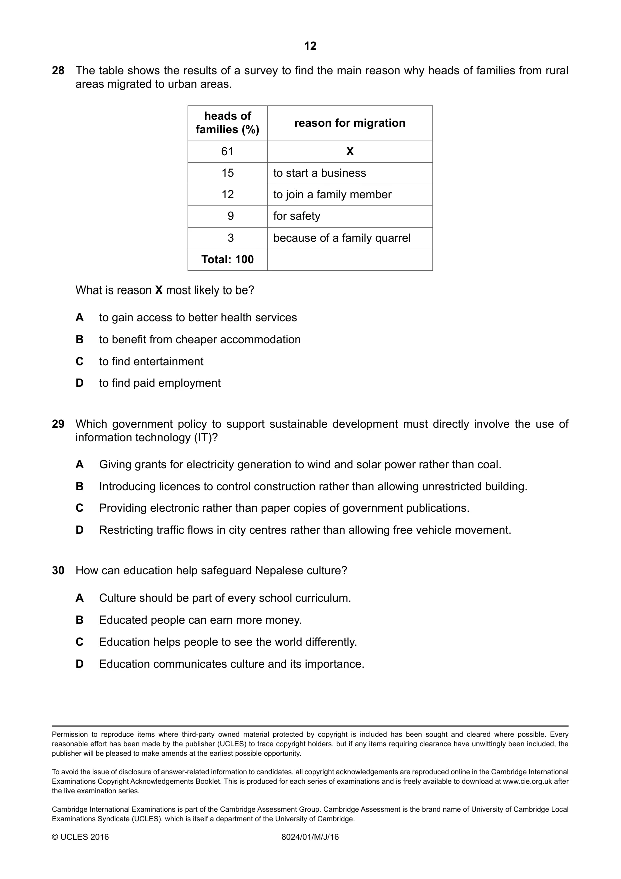 Cambridge A Level Nepal Studies (AS Level only) 8024 2016 May/June Paper 1 · Variant 0 question paper, page 12 of 12
