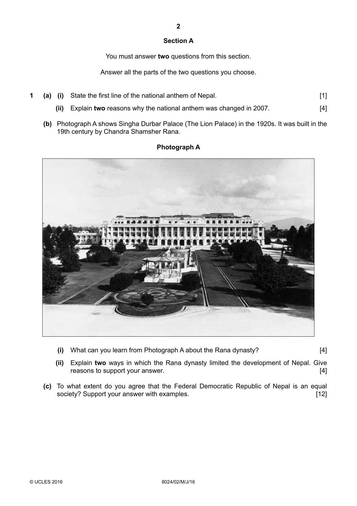 Cambridge A Level Nepal Studies (AS Level only) 8024 2016 May/June Paper 2 · Variant 0 question paper, page 2 of 8