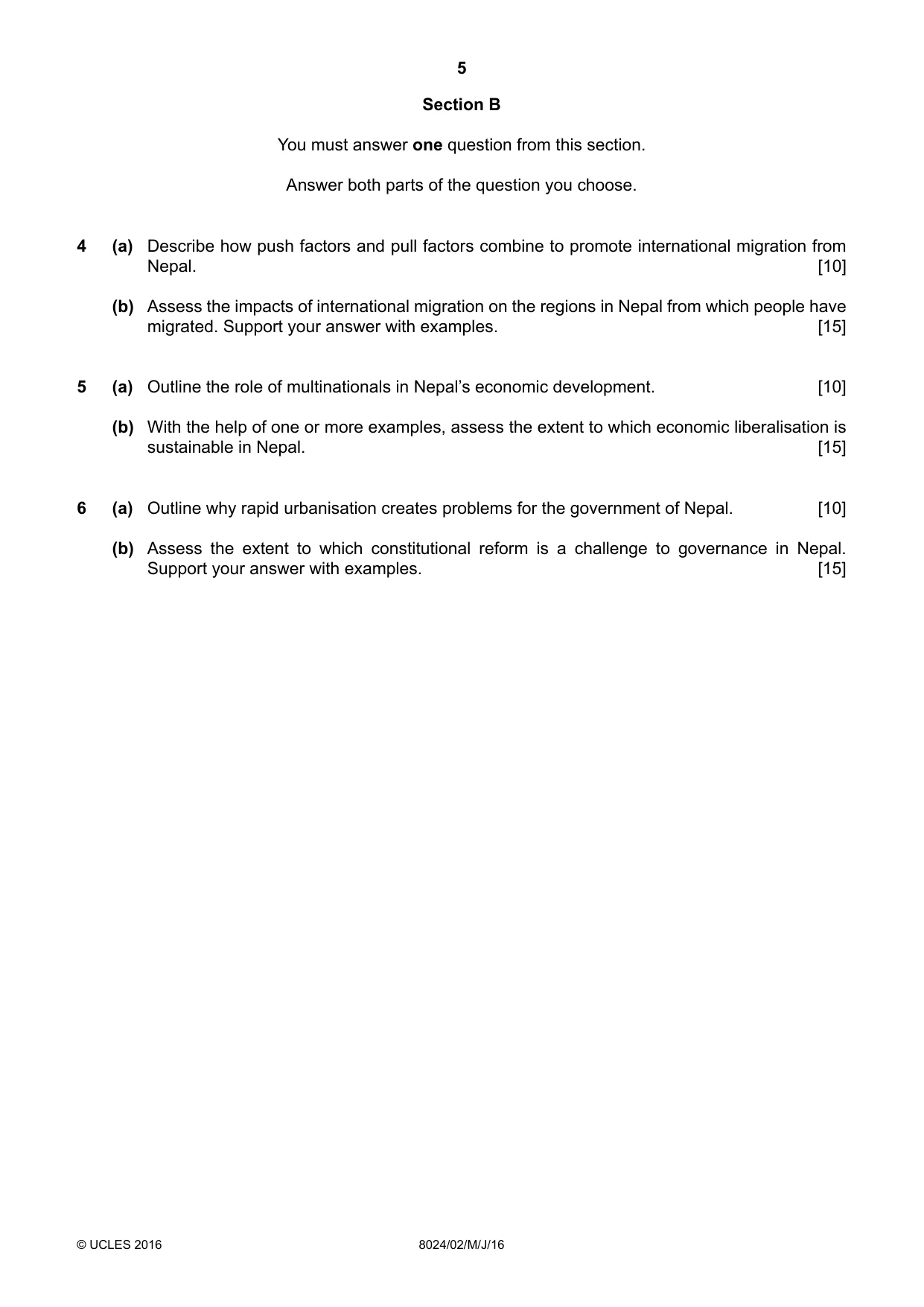 Cambridge A Level Nepal Studies (AS Level only) 8024 2016 May/June Paper 2 · Variant 0 question paper, page 5 of 8