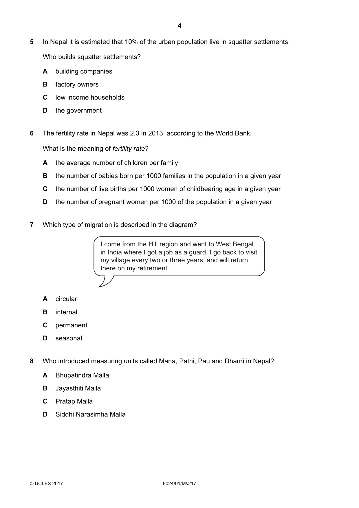 Cambridge A Level Nepal Studies (AS Level only) 8024 2017 May/June Paper 1 · Variant 1 question paper, page 4 of 12
