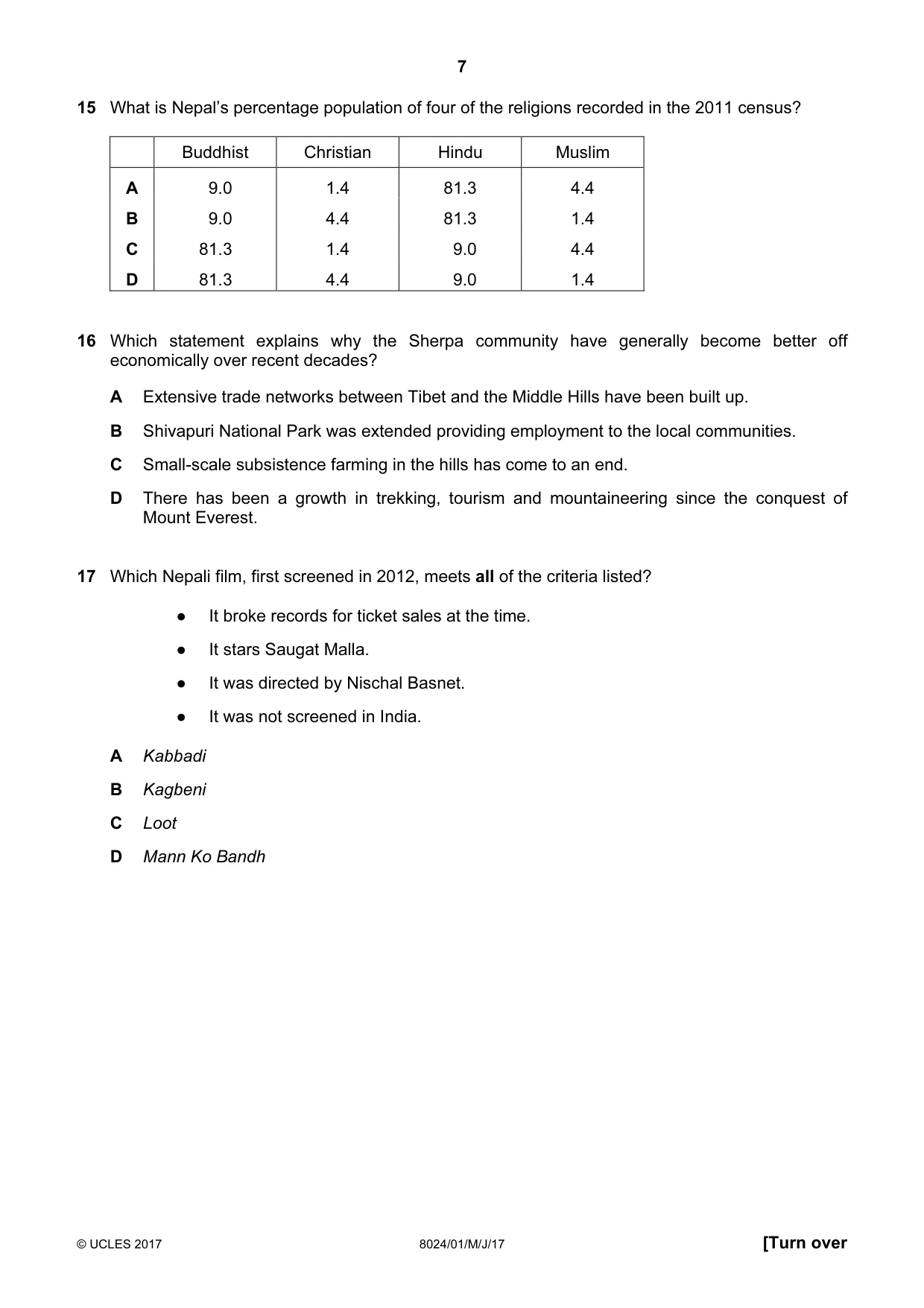 Cambridge A Level Nepal Studies (AS Level only) 8024 2017 May/June Paper 1 · Variant 1 question paper, page 7 of 12