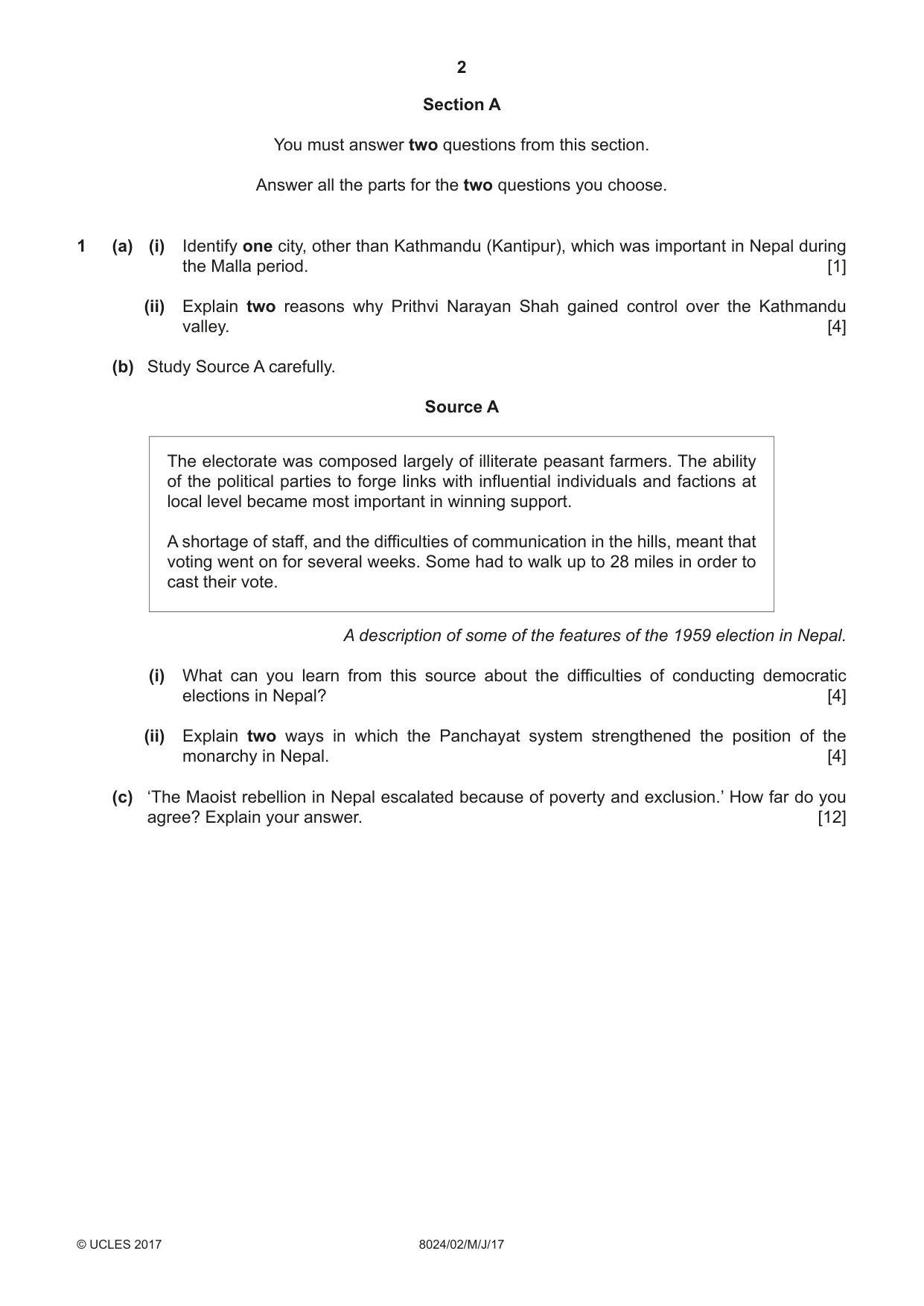 Cambridge A Level Nepal Studies (AS Level only) 8024 2017 May/June Paper 2 · Variant 1 question paper, page 2 of 8