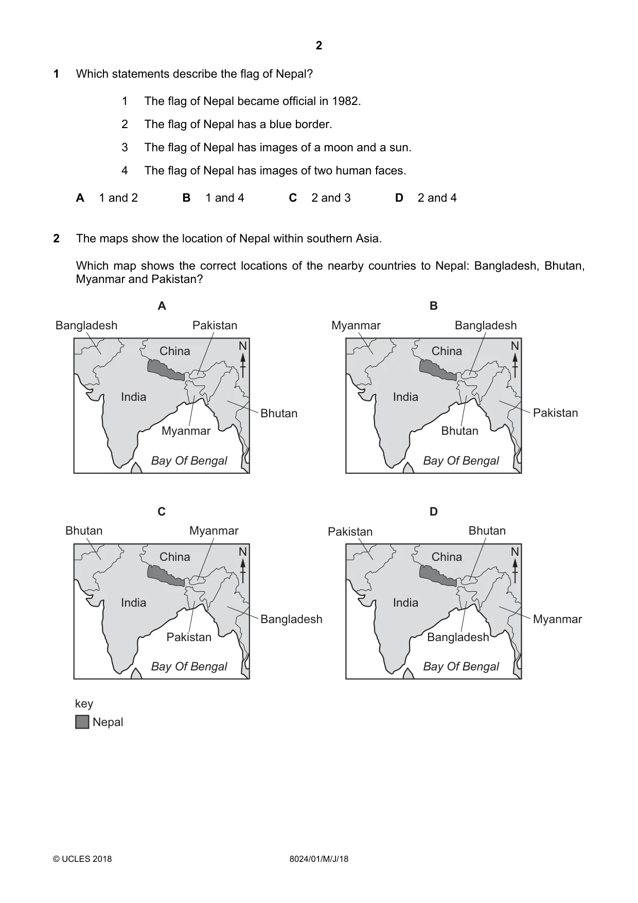 Cambridge A Level Nepal Studies (AS Level only) 8024 2018 May/June Paper 1 · Variant 0 question paper, page 2 of 16