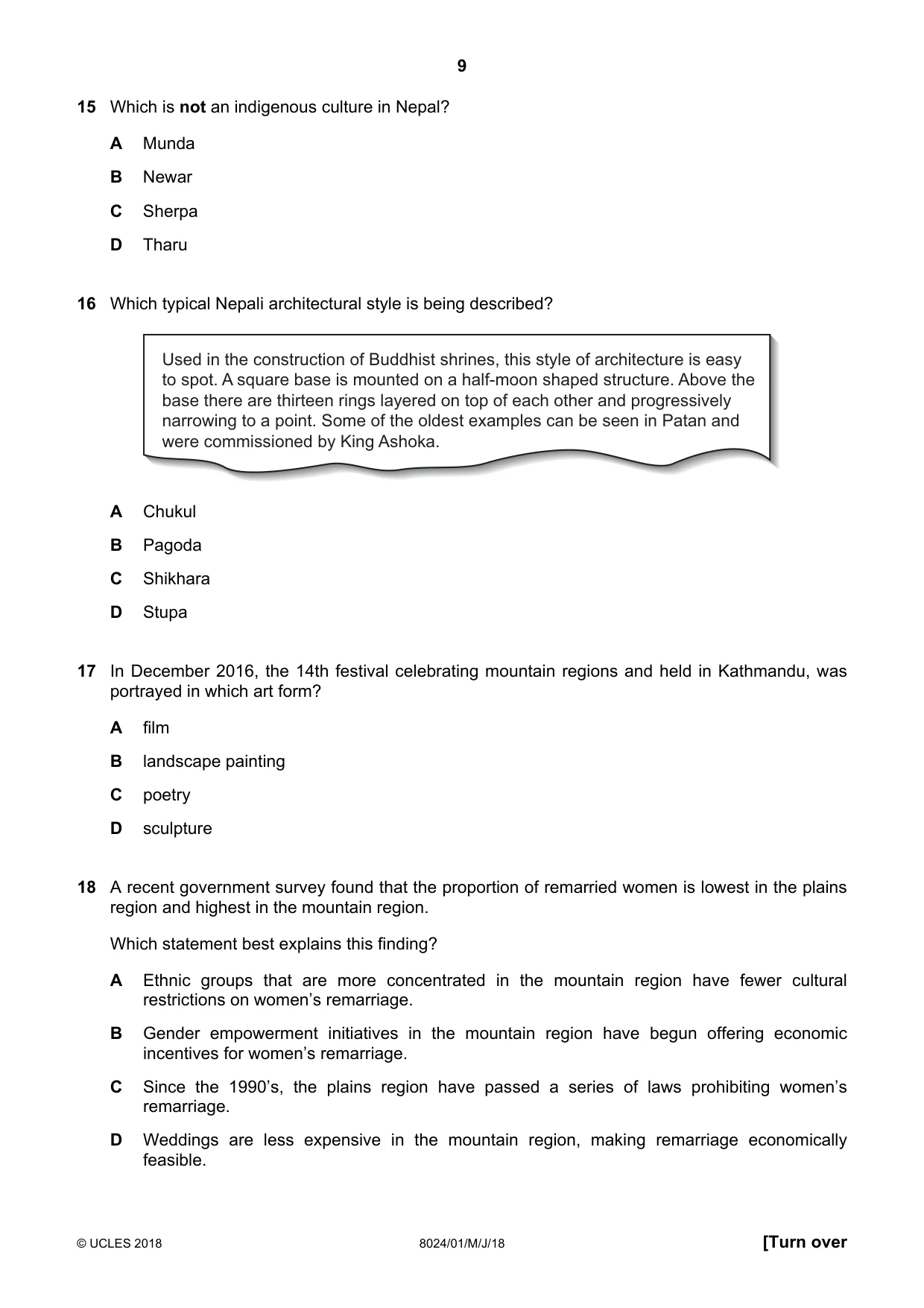 Cambridge A Level Nepal Studies (AS Level only) 8024 2018 May/June Paper 1 · Variant 0 question paper, page 9 of 16