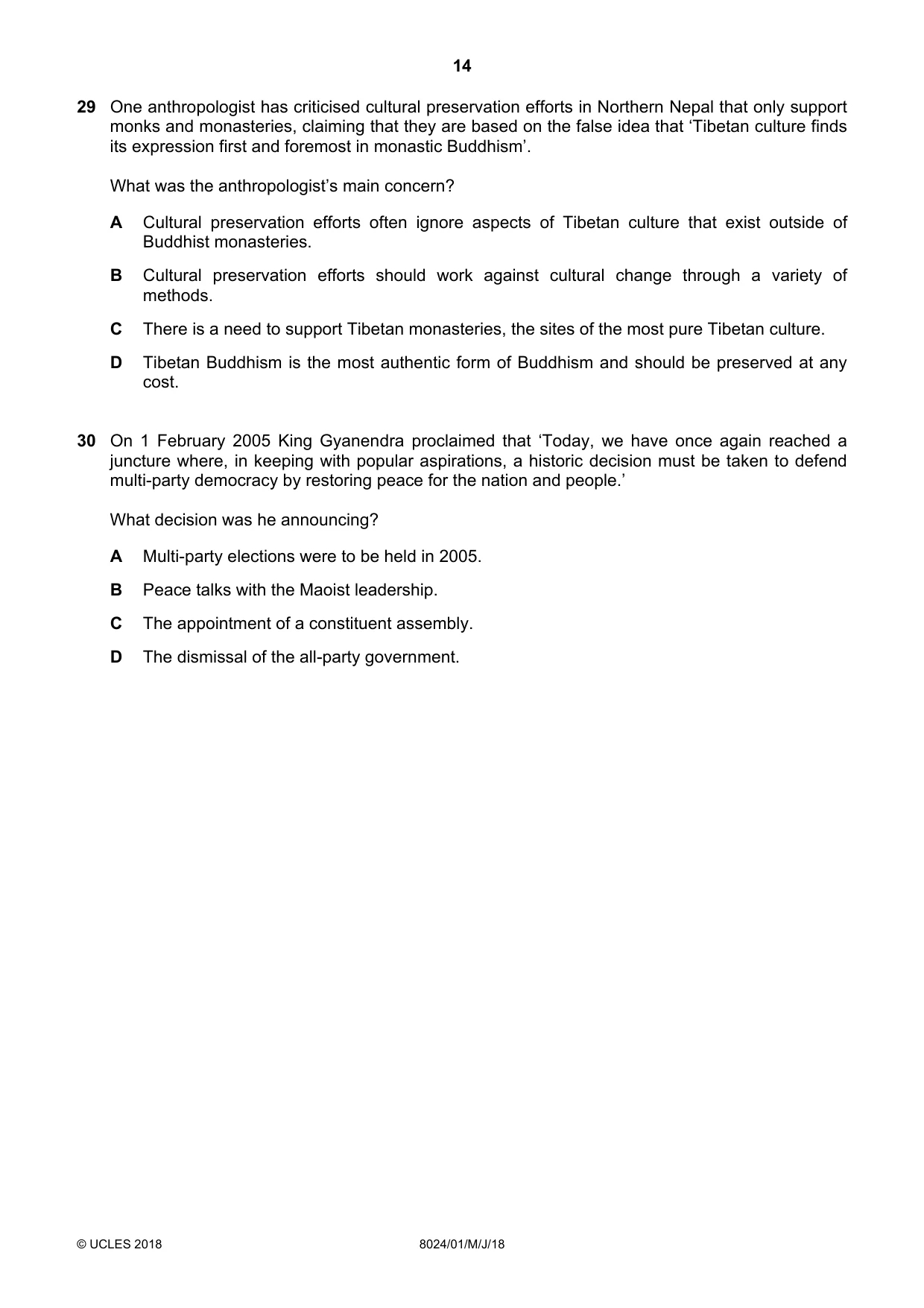 Cambridge A Level Nepal Studies (AS Level only) 8024 2018 May/June Paper 1 · Variant 0 question paper, page 14 of 16
