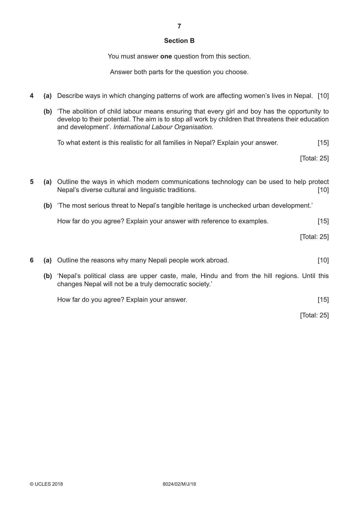 Cambridge A Level Nepal Studies (AS Level only) 8024 2018 May/June Paper 2 · Variant 0 question paper, page 7 of 8