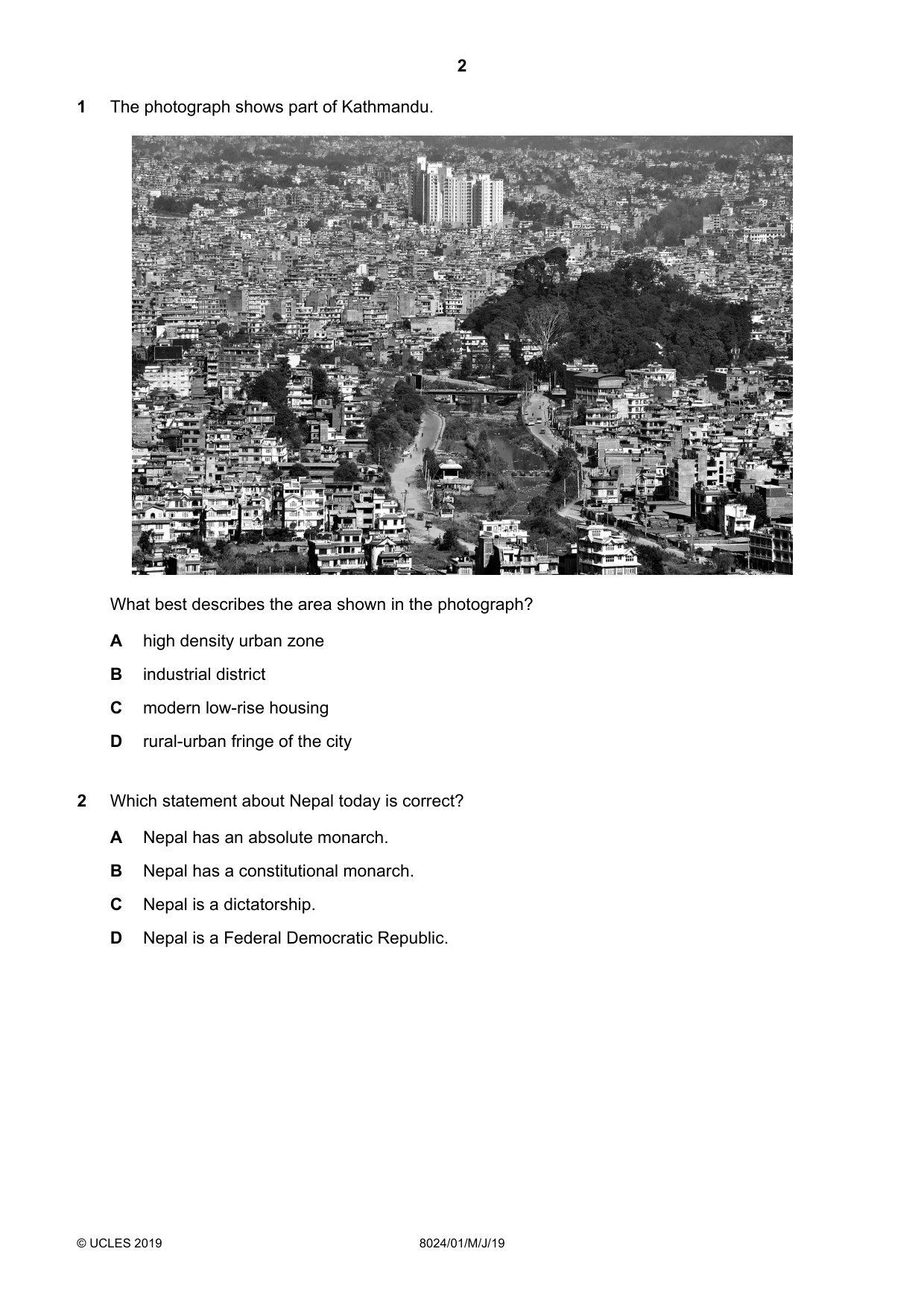 Cambridge A Level Nepal Studies (AS Level only) 8024 2019 May/June Paper 1 · Variant 1 question paper, page 2 of 16