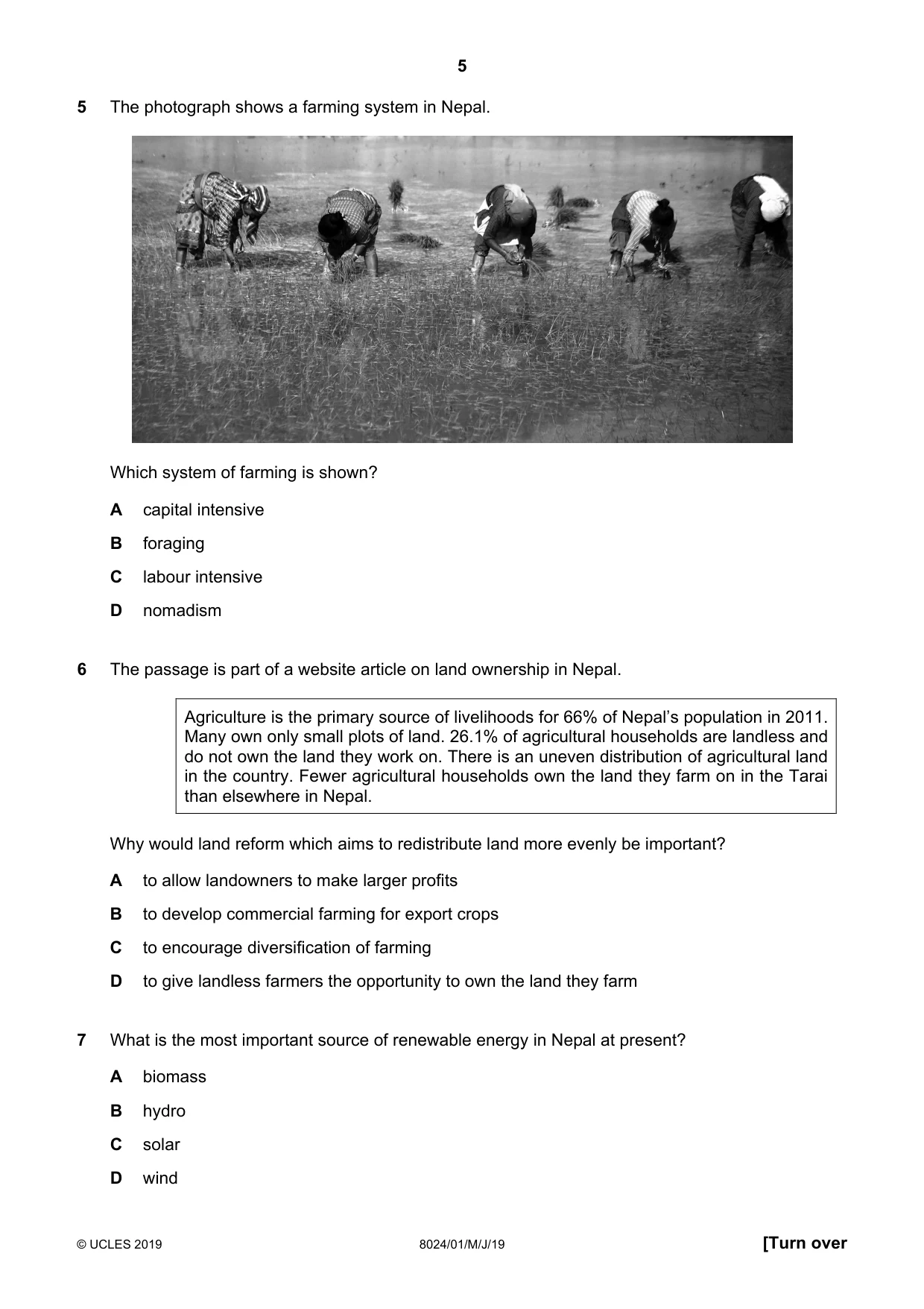Cambridge A Level Nepal Studies (AS Level only) 8024 2019 May/June Paper 1 · Variant 1 question paper, page 5 of 16