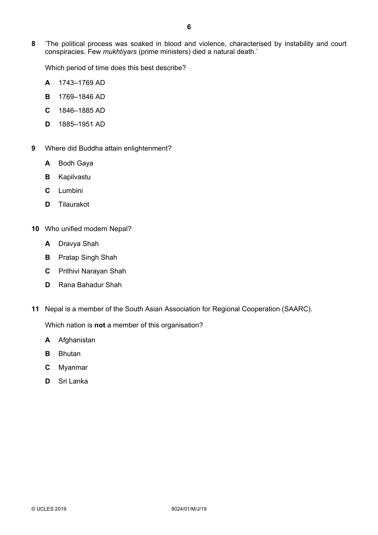 Cambridge A Level Nepal Studies (AS Level only) 8024 2019 May/June Paper 1 · Variant 1 question paper, page 6 of 16