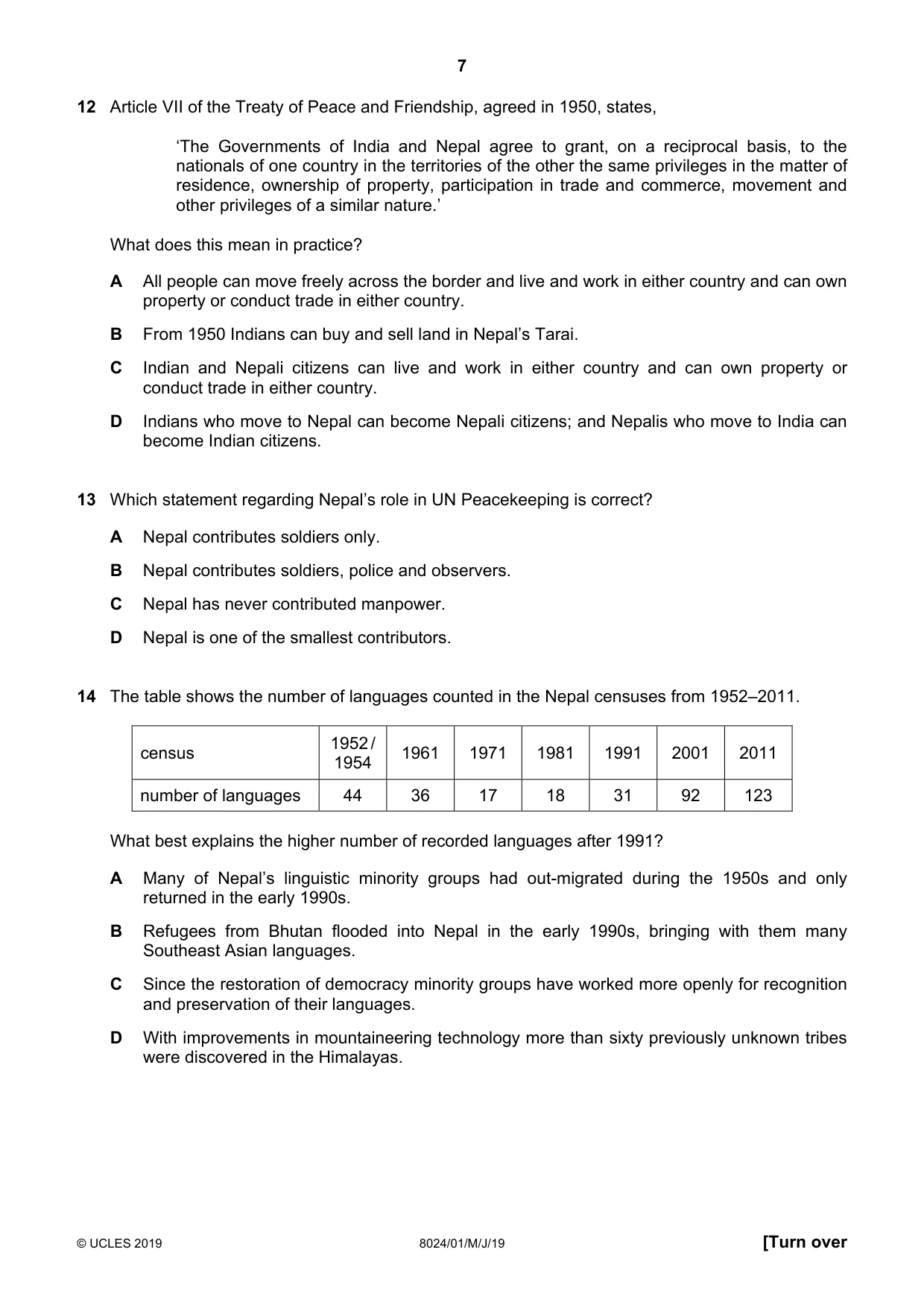 Cambridge A Level Nepal Studies (AS Level only) 8024 2019 May/June Paper 1 · Variant 1 question paper, page 7 of 16