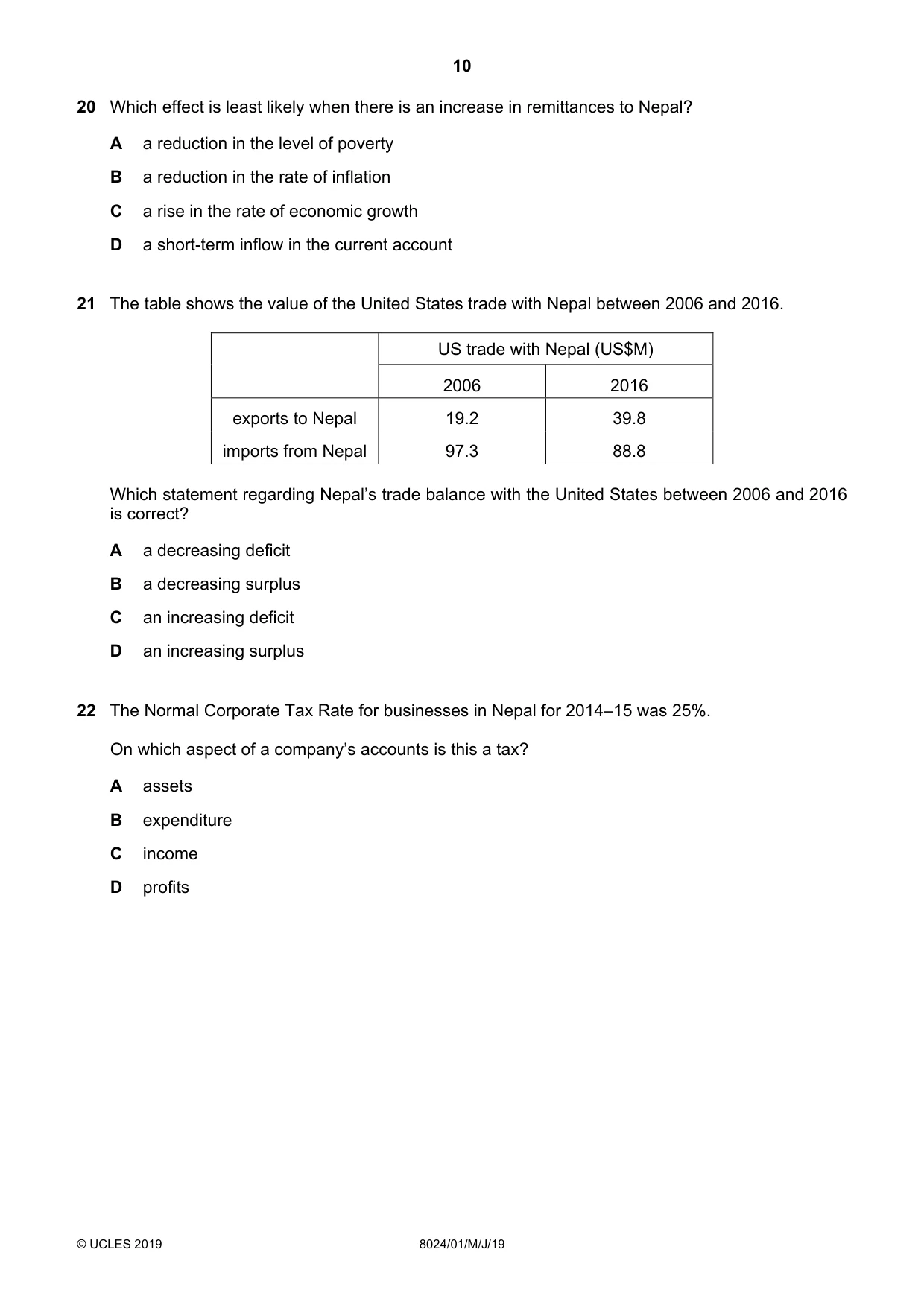 Cambridge A Level Nepal Studies (AS Level only) 8024 2019 May/June Paper 1 · Variant 1 question paper, page 10 of 16