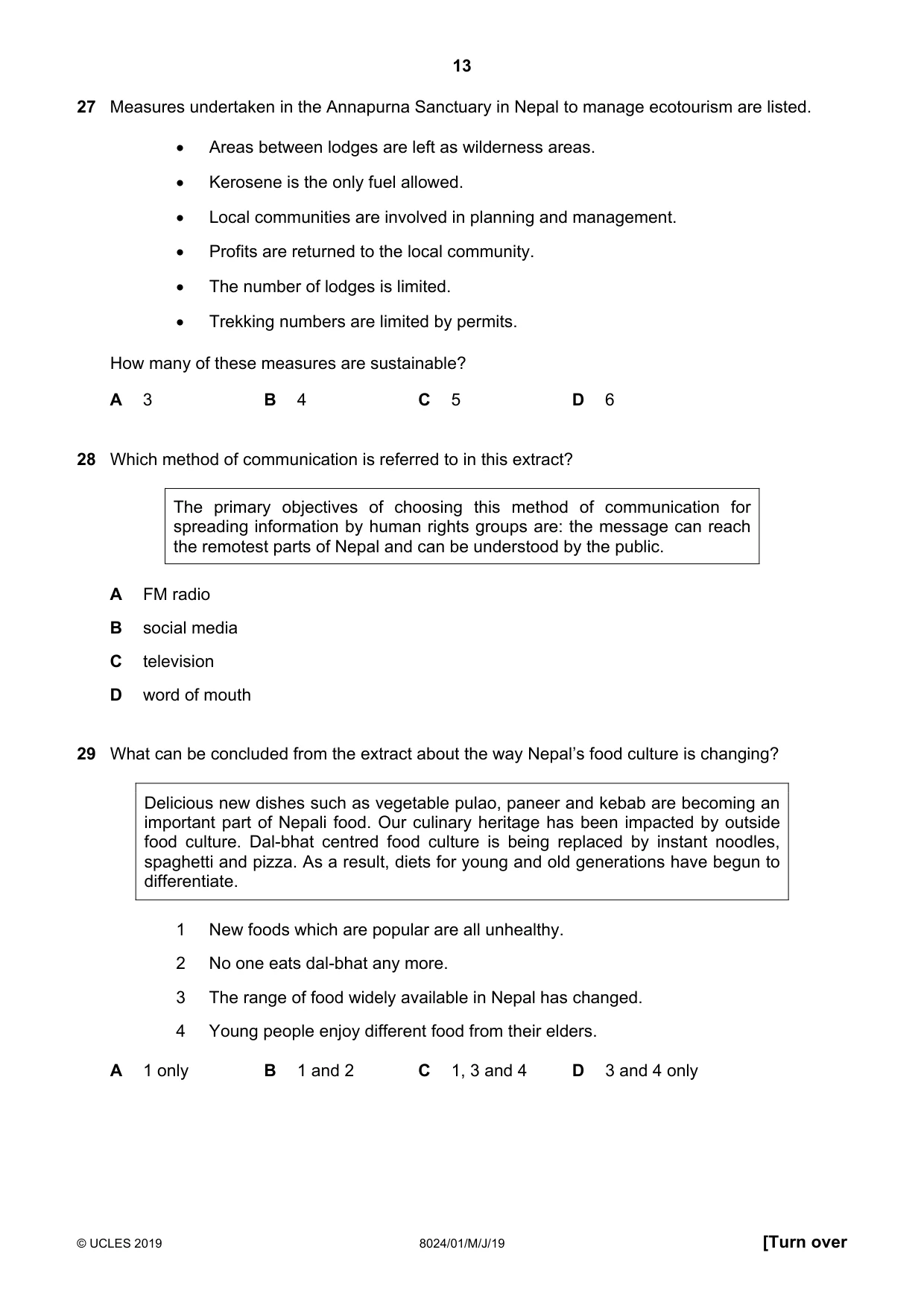 Cambridge A Level Nepal Studies (AS Level only) 8024 2019 May/June Paper 1 · Variant 1 question paper, page 13 of 16