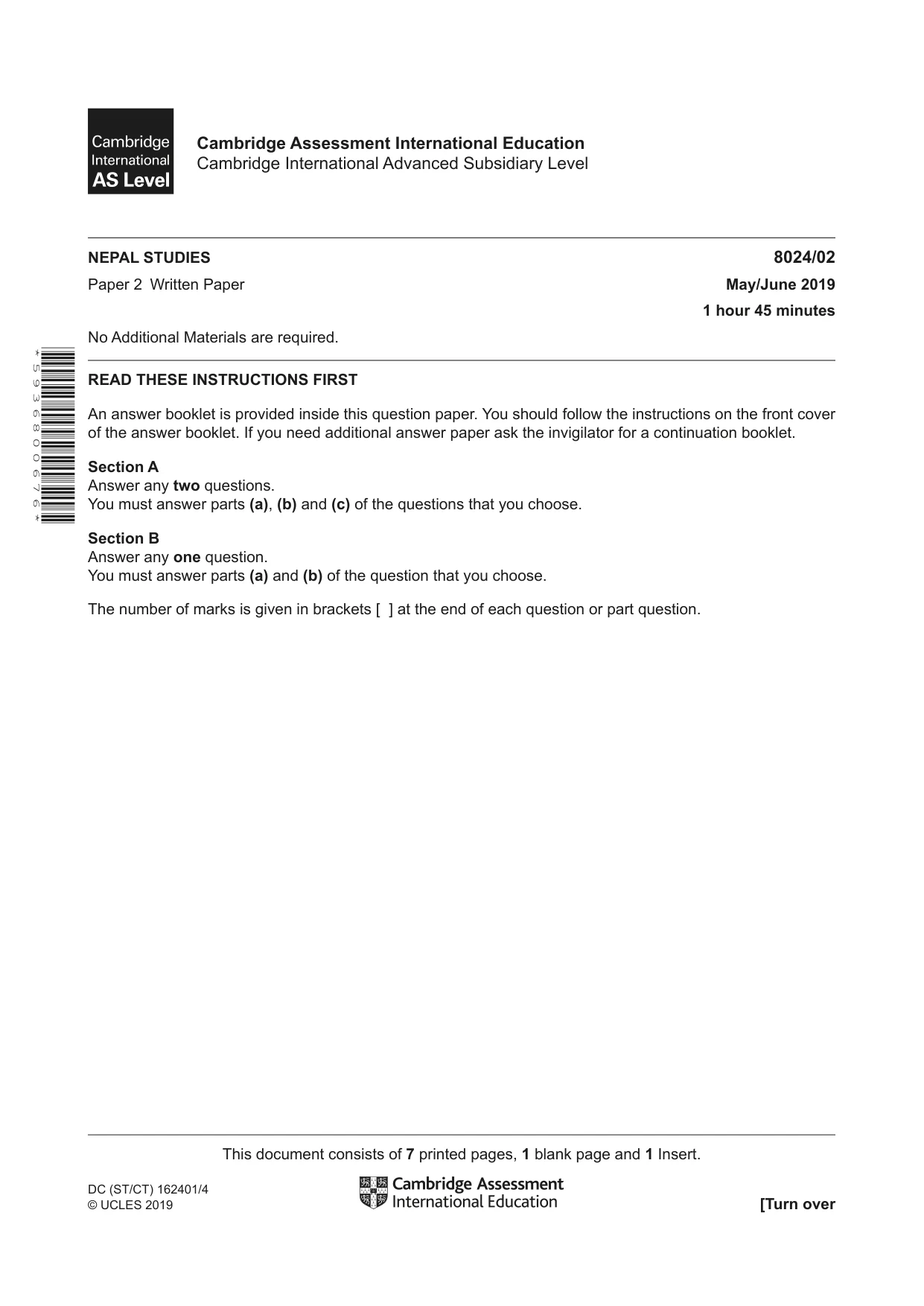Cambridge A Level Nepal Studies (AS Level only) 8024 2019 May/June Paper 2 · Variant 1 question paper, page 1 of 8