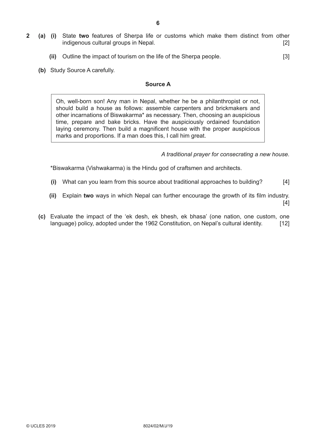 Cambridge A Level Nepal Studies (AS Level only) 8024 2019 May/June Paper 2 · Variant 1 question paper, page 6 of 8