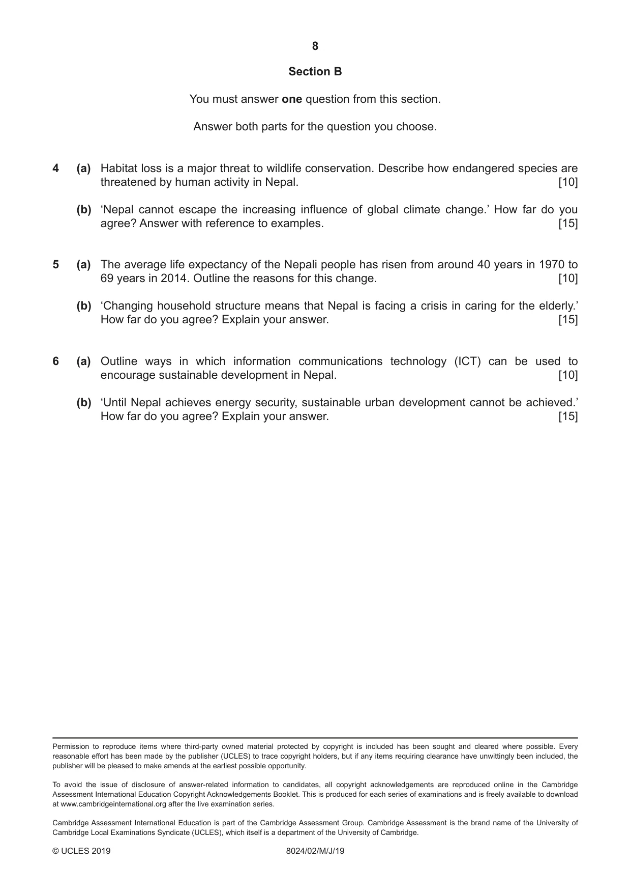 Cambridge A Level Nepal Studies (AS Level only) 8024 2019 May/June Paper 2 · Variant 1 question paper, page 8 of 8