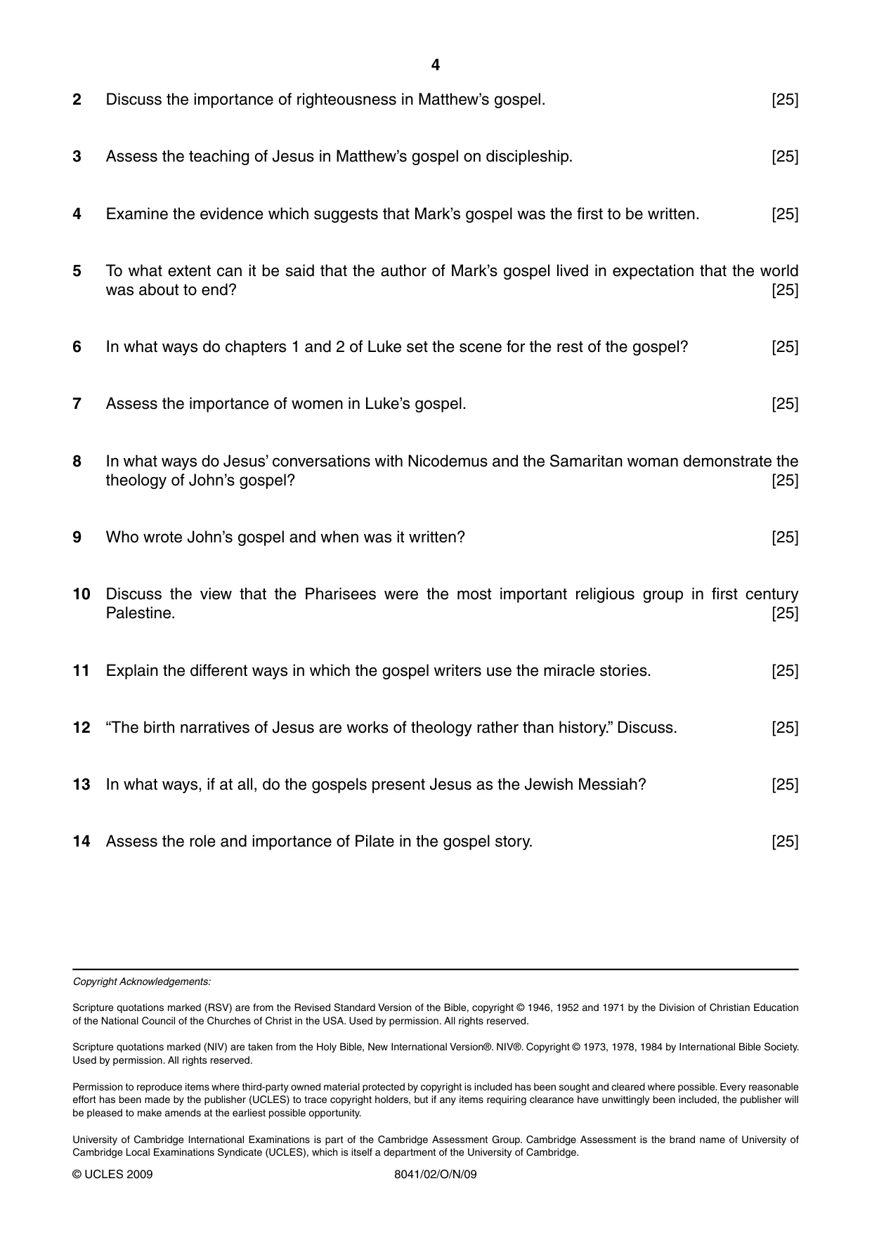 Cambridge A Level Divinity (AS Level only) 8041 2009 Oct/Nov Paper 2 · Variant 1 question paper, page 4 of 4