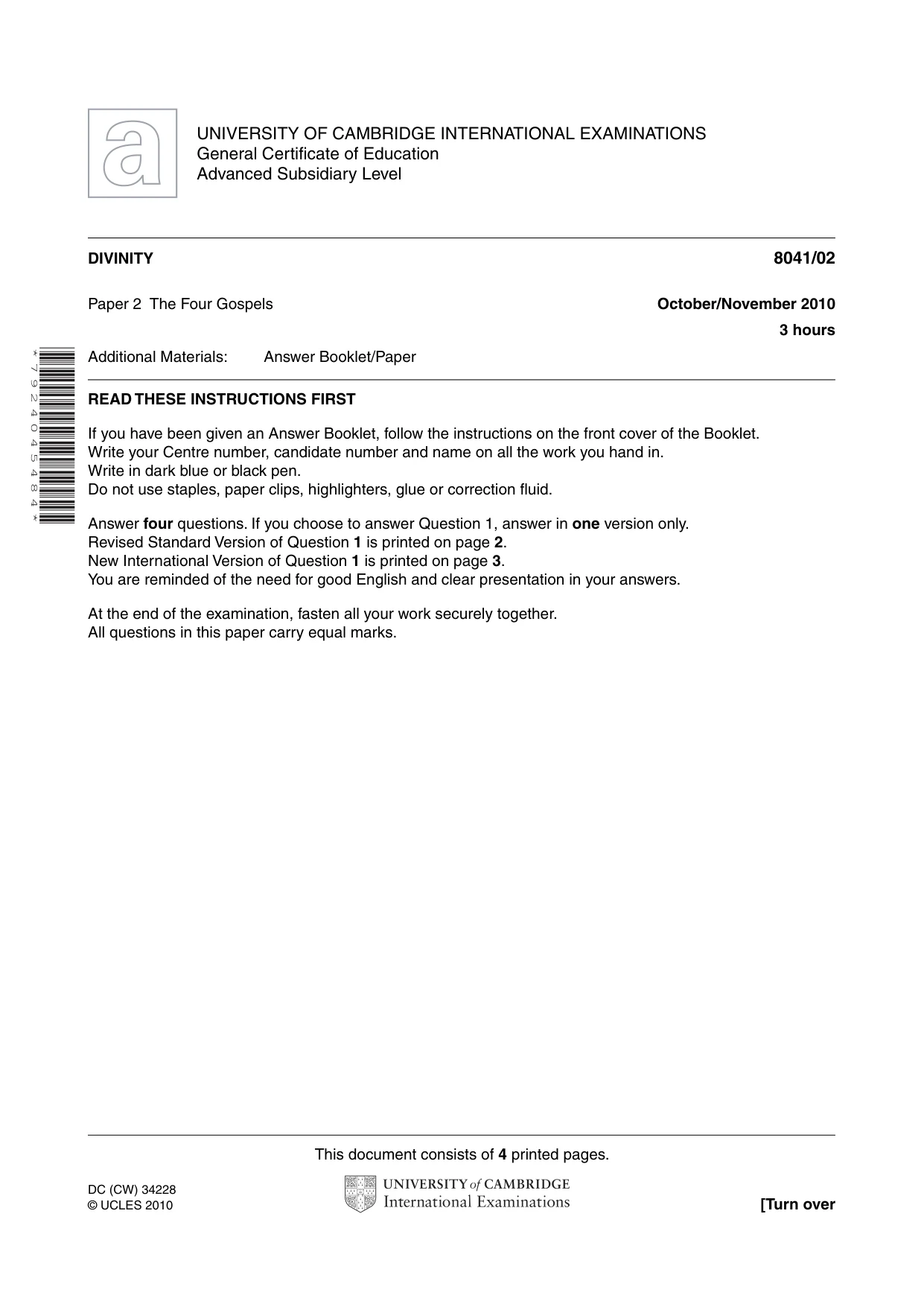 Cambridge A Level Divinity (AS Level only) 8041 2010 Oct/Nov Paper 2 · Variant 1 question paper, page 1 of 4