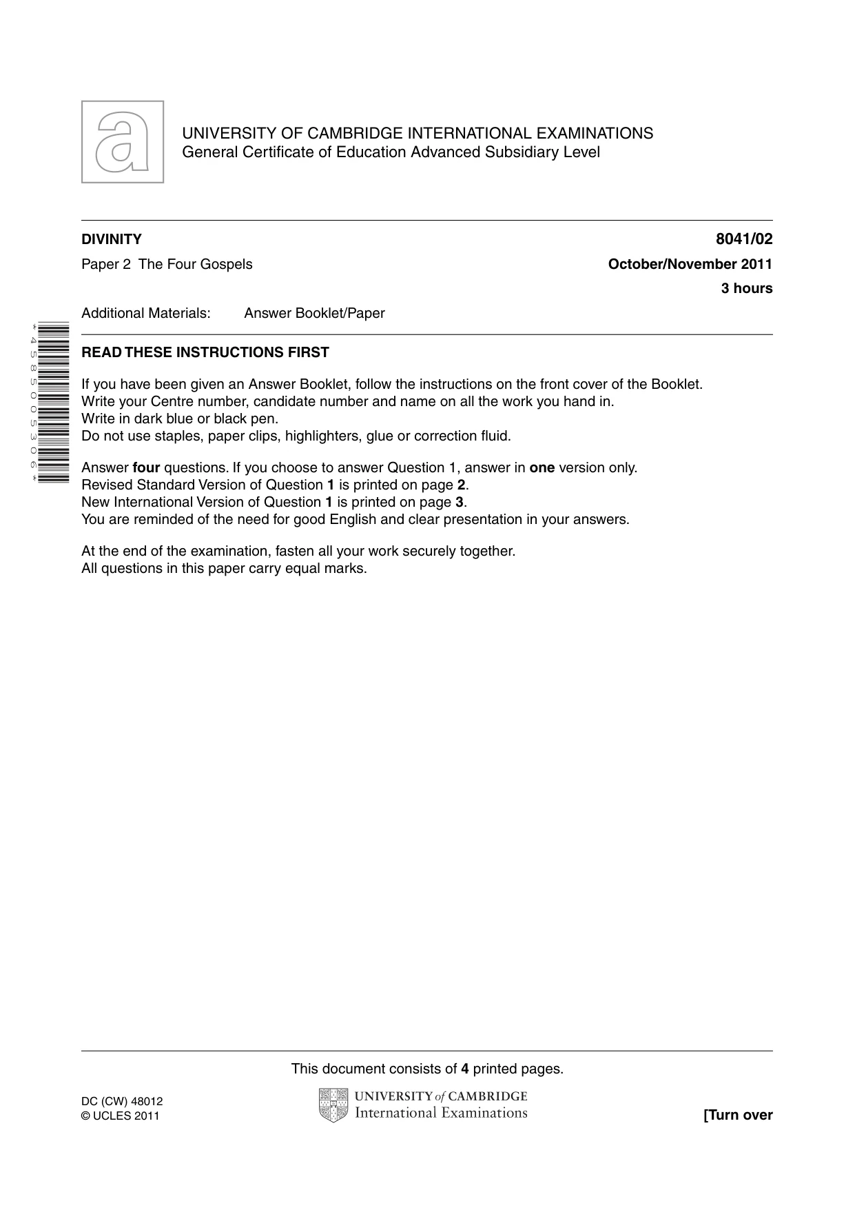 Cambridge A Level Divinity (AS Level only) 8041 2011 Oct/Nov Paper 2 · Variant 1 question paper, page 1 of 4