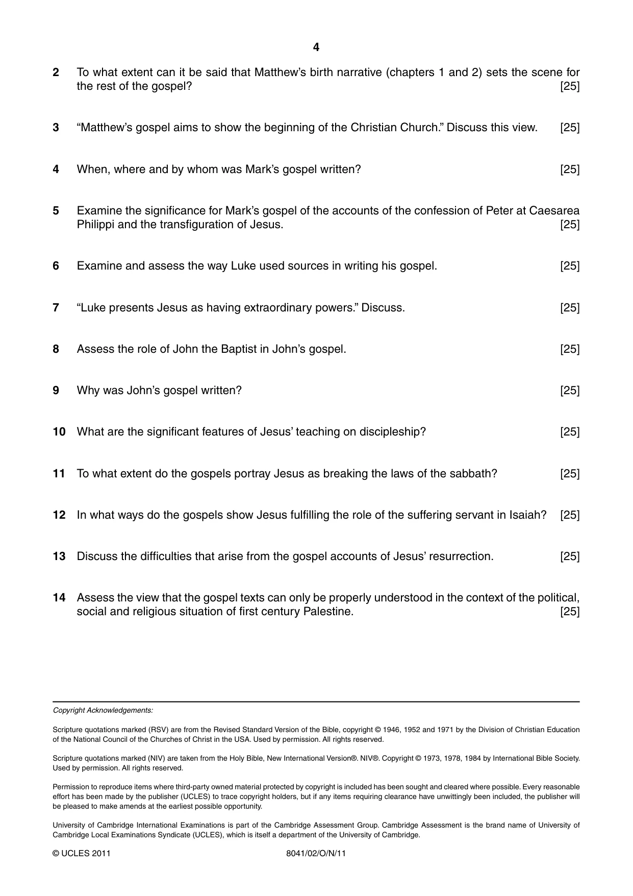 Cambridge A Level Divinity (AS Level only) 8041 2011 Oct/Nov Paper 2 · Variant 1 question paper, page 4 of 4