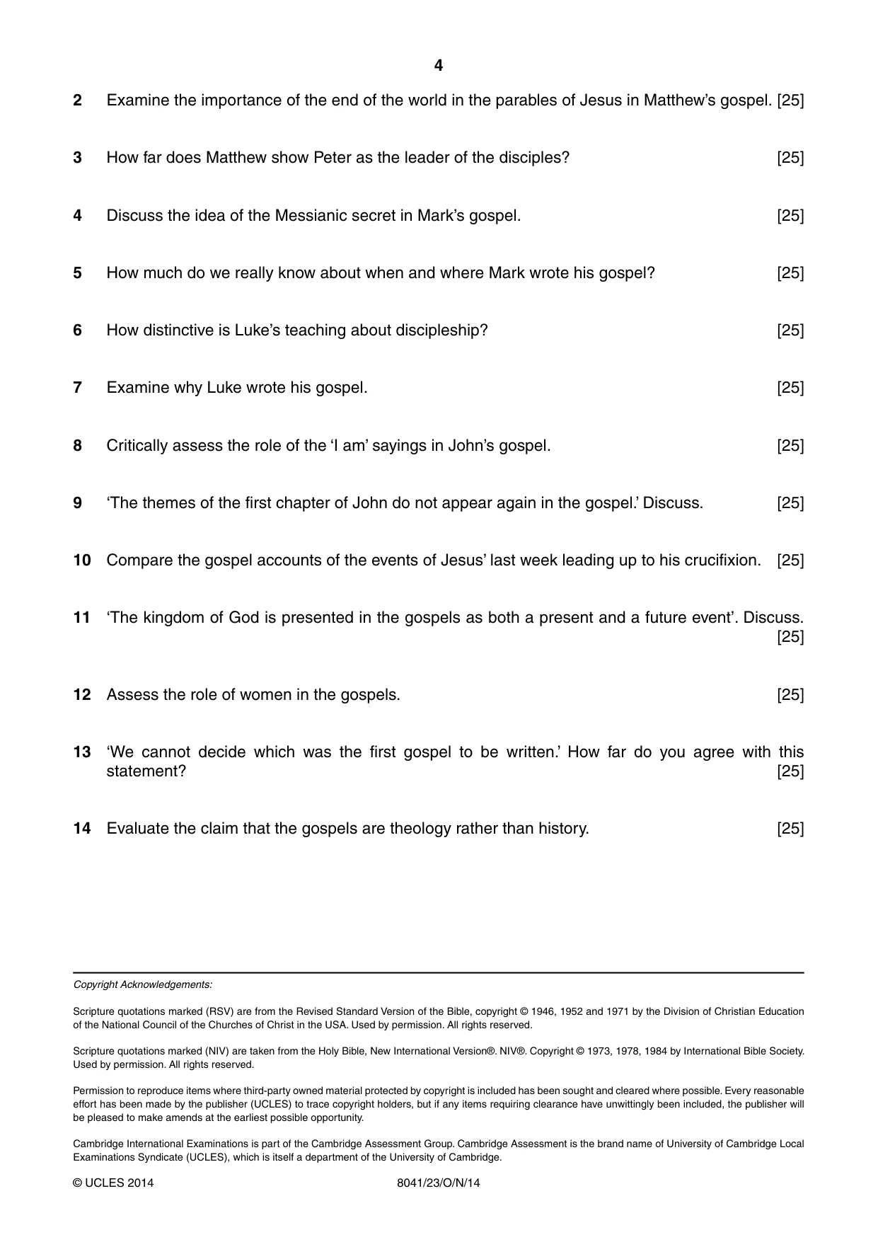 Cambridge A Level Divinity (AS Level only) 8041 2014 Oct/Nov Paper 2 · Variant 3 question paper, page 4 of 4