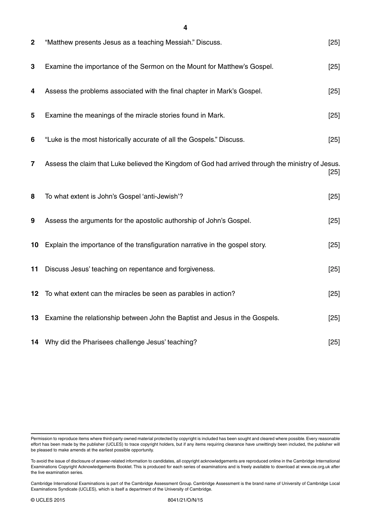 Cambridge A Level Divinity (AS Level only) 8041 2015 Oct/Nov Paper 2 · Variant 1 question paper, page 4 of 4