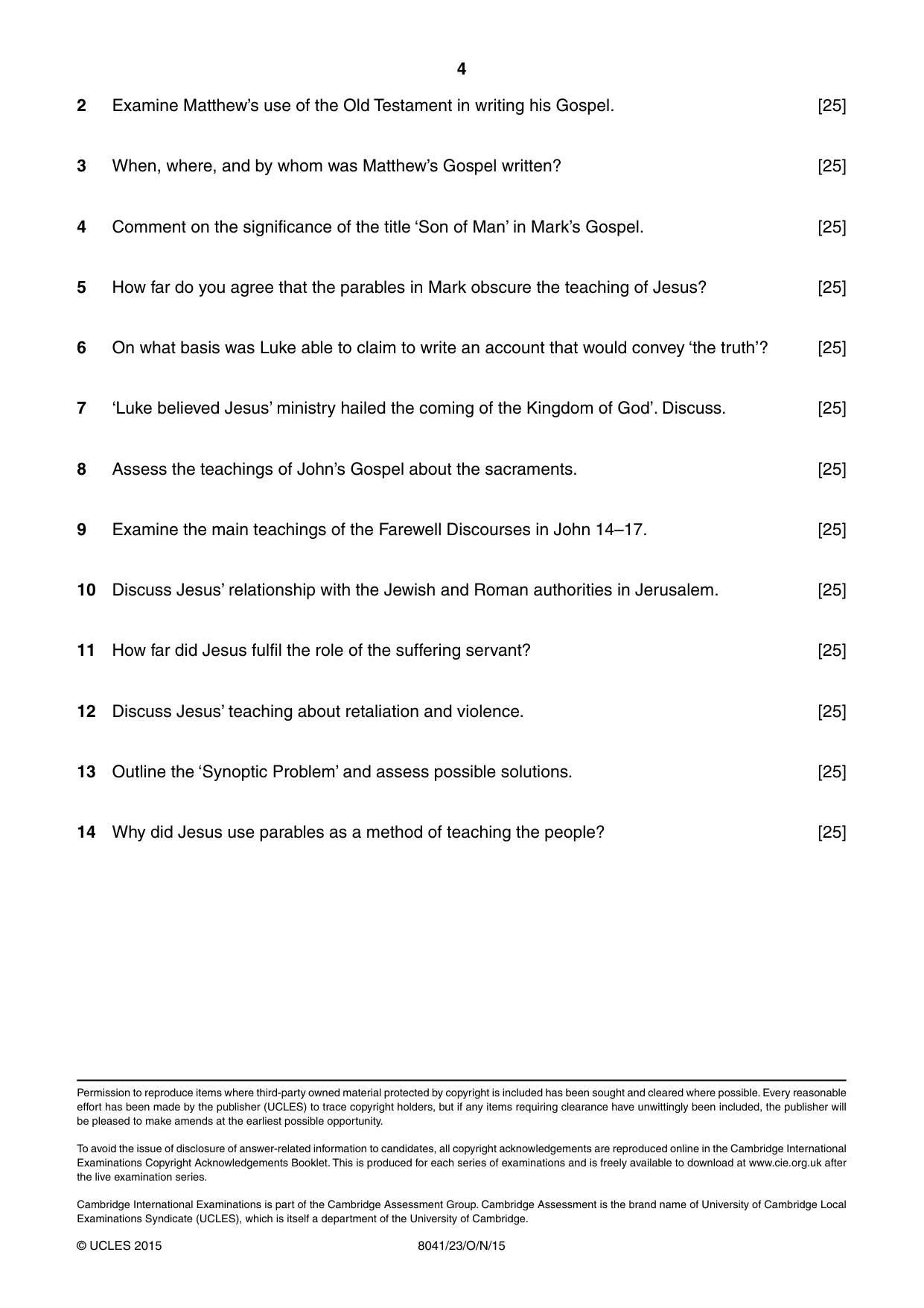 Cambridge A Level Divinity (AS Level only) 8041 2015 Oct/Nov Paper 2 · Variant 3 question paper, page 4 of 4