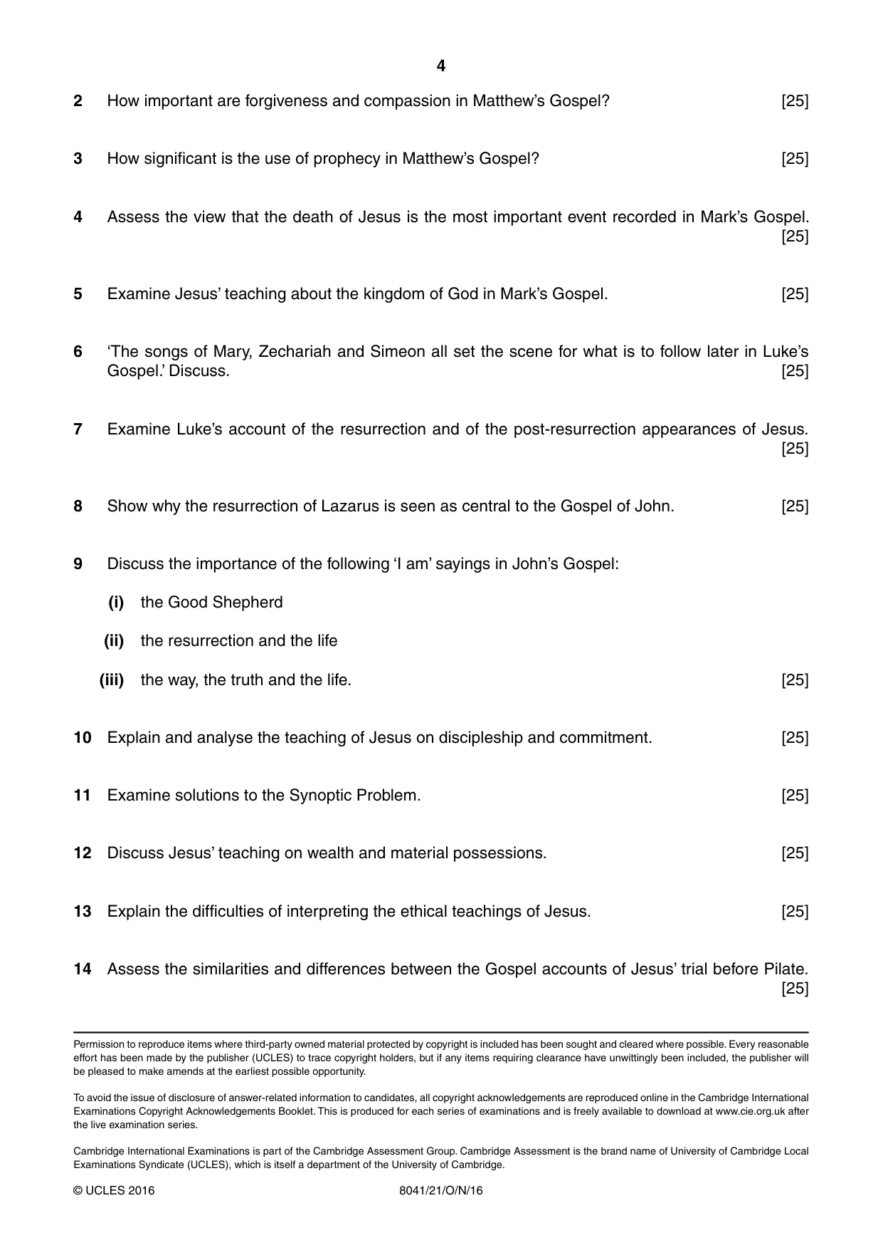 Cambridge A Level Divinity (AS Level only) 8041 2016 Oct/Nov Paper 2 · Variant 1 question paper, page 4 of 4