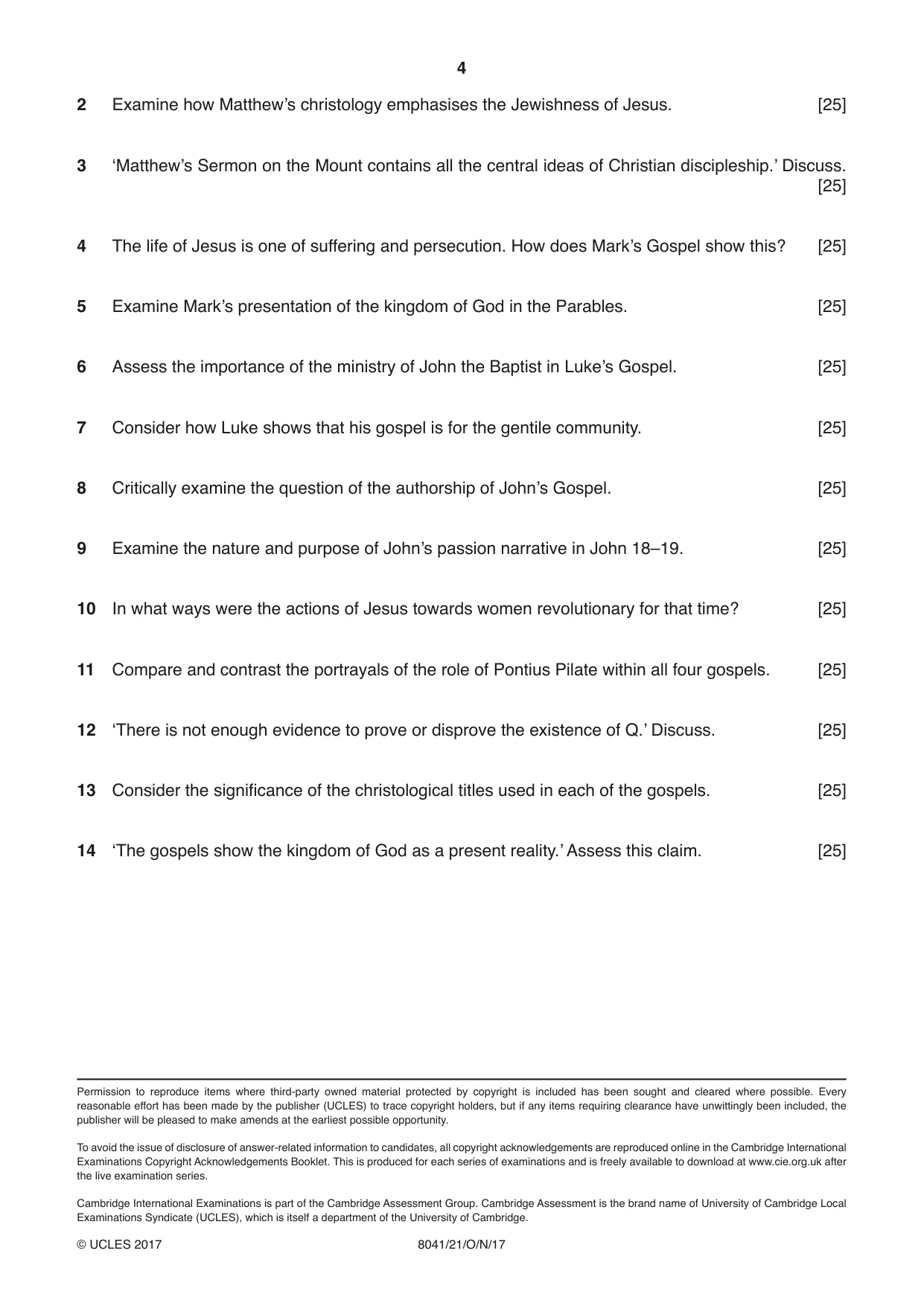 Cambridge A Level Divinity (AS Level only) 8041 2017 Oct/Nov Paper 2 · Variant 1 question paper, page 4 of 4