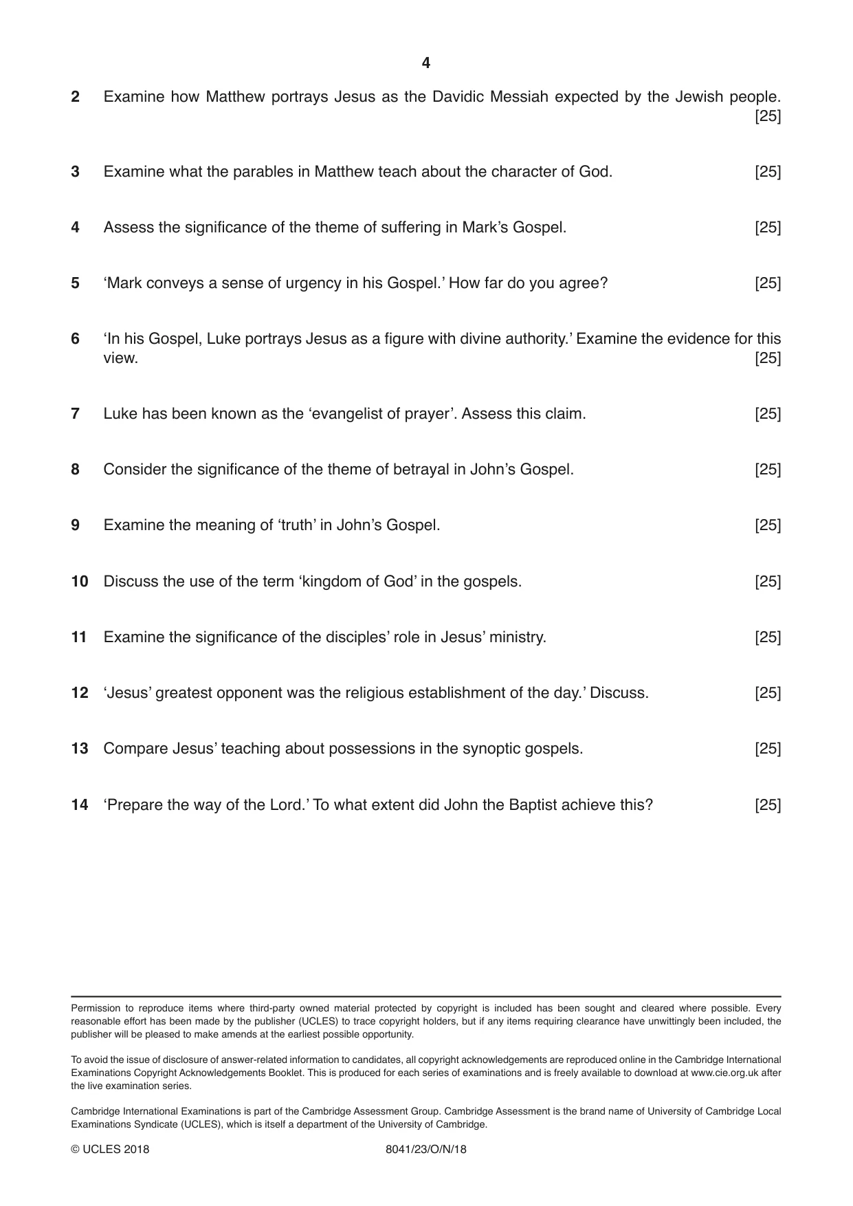 Cambridge A Level Divinity (AS Level only) 8041 2018 Oct/Nov Paper 2 · Variant 3 question paper, page 4 of 4