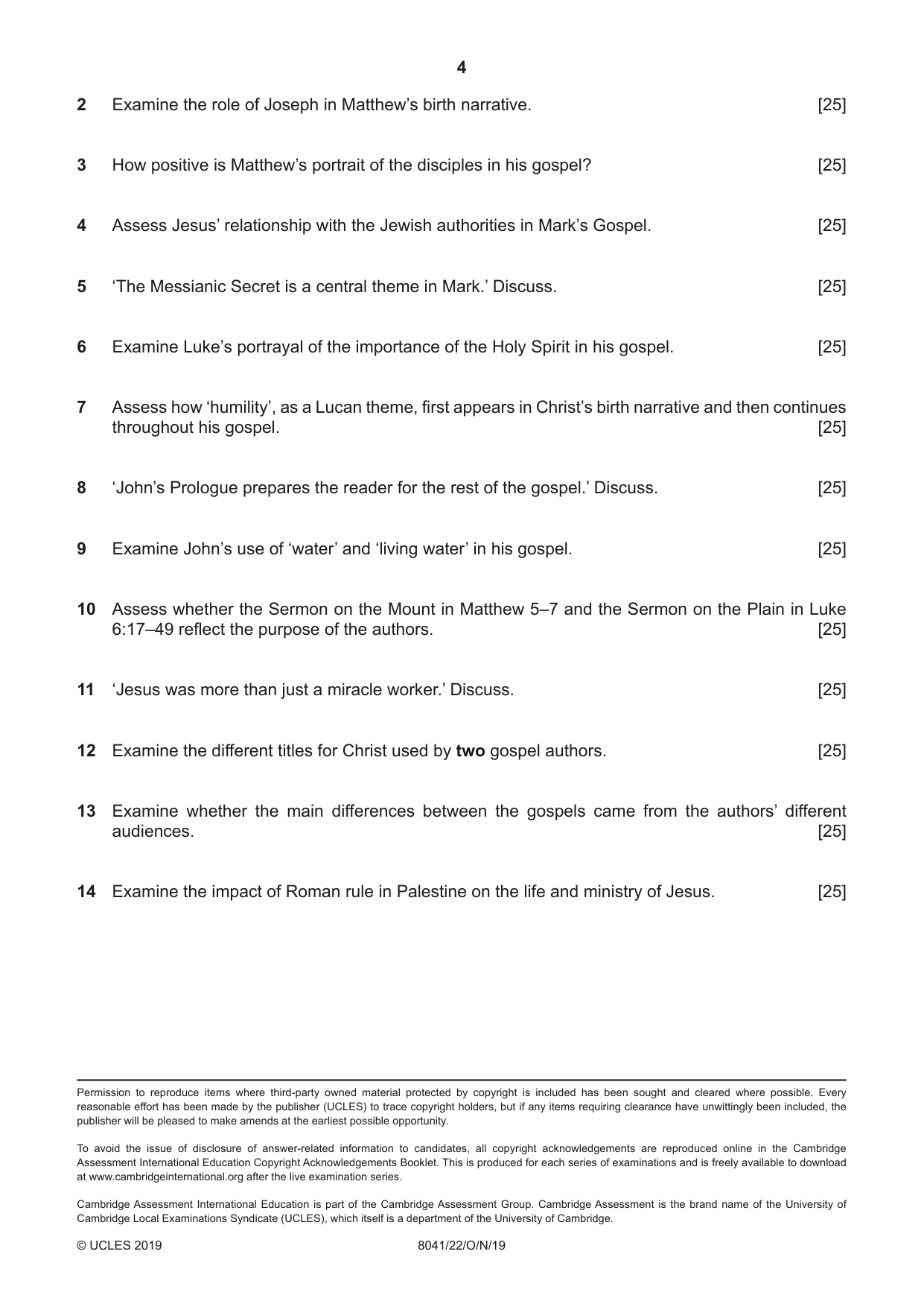 Cambridge A Level Divinity (AS Level only) 8041 2019 Oct/Nov Paper 2 · Variant 2 question paper, page 4 of 4