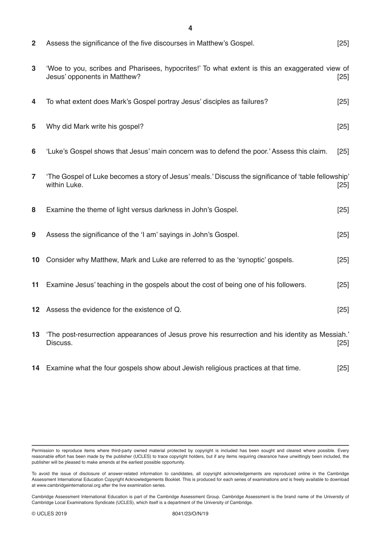 Cambridge A Level Divinity (AS Level only) 8041 2019 Oct/Nov Paper 2 · Variant 3 question paper, page 4 of 4
