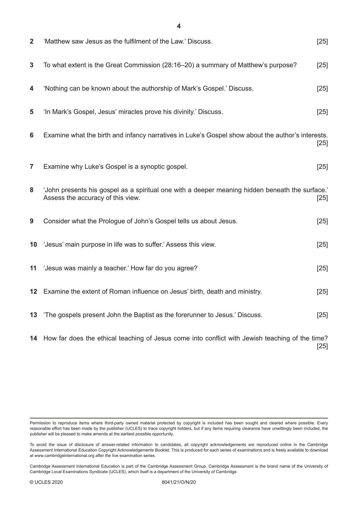 Cambridge A Level Divinity (AS Level only) 8041 2020 Oct/Nov Paper 2 · Variant 1 question paper, page 4 of 4