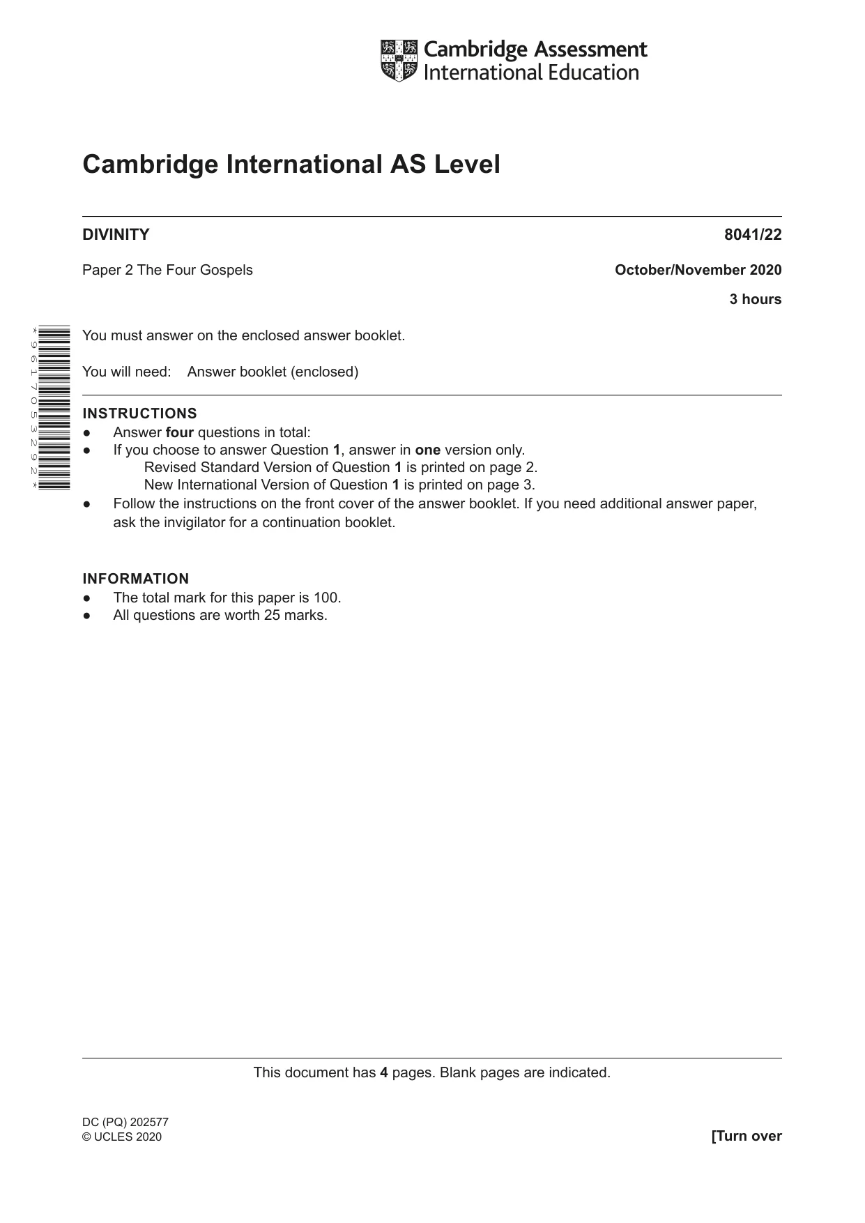 Cambridge A Level Divinity (AS Level only) 8041 2020 Oct/Nov Paper 2 · Variant 2 question paper, page 1 of 4