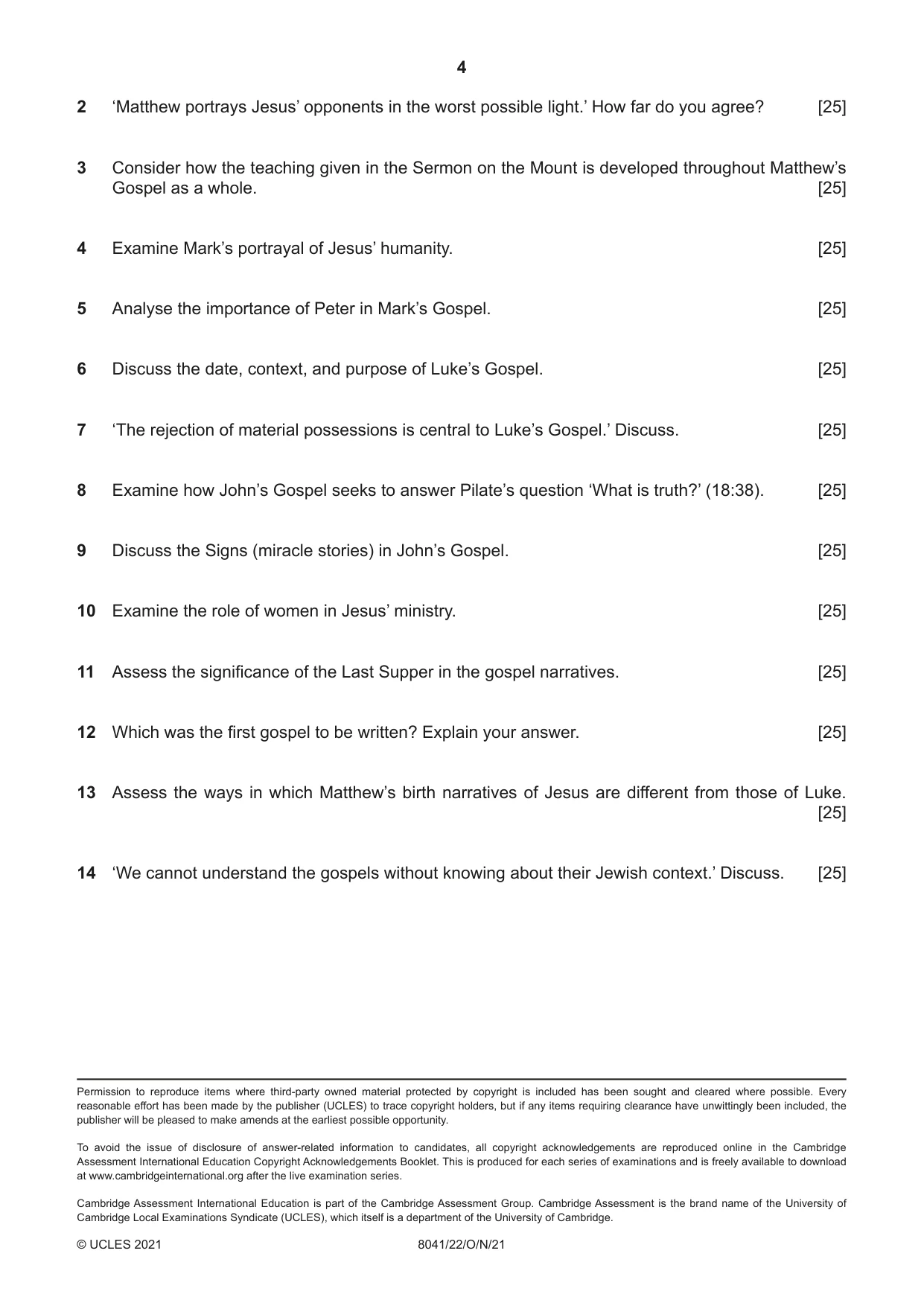 Cambridge A Level Divinity (AS Level only) 8041 2021 Oct/Nov Paper 2 · Variant 2 question paper, page 4 of 4
