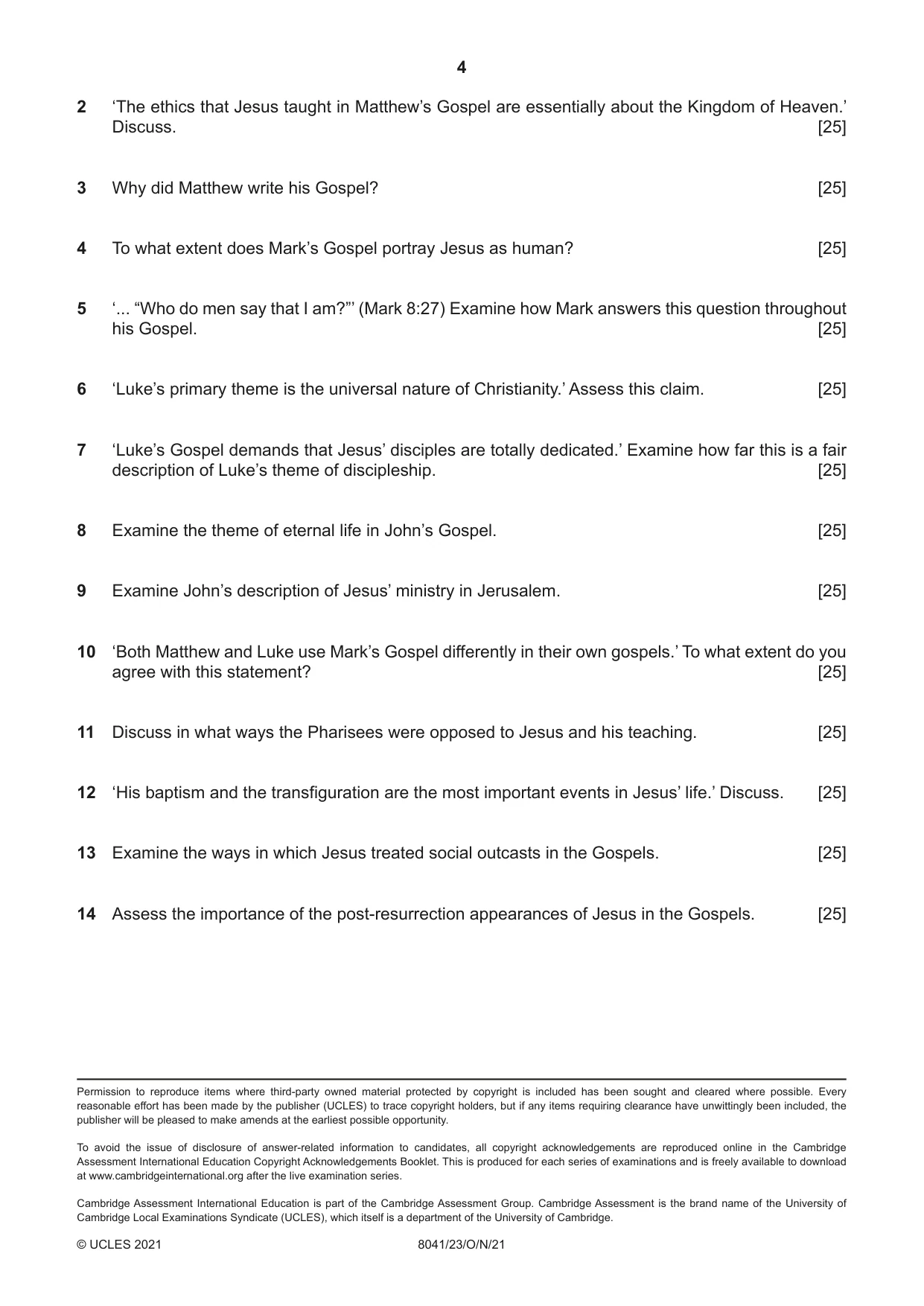 Cambridge A Level Divinity (AS Level only) 8041 2021 Oct/Nov Paper 2 · Variant 3 question paper, page 4 of 4