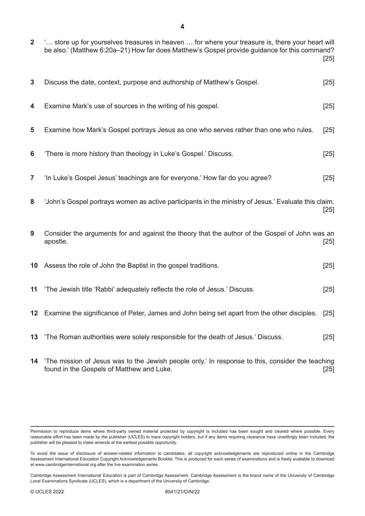 Cambridge A Level Divinity (AS Level only) 8041 2022 Oct/Nov Paper 2 · Variant 1 question paper, page 4 of 4