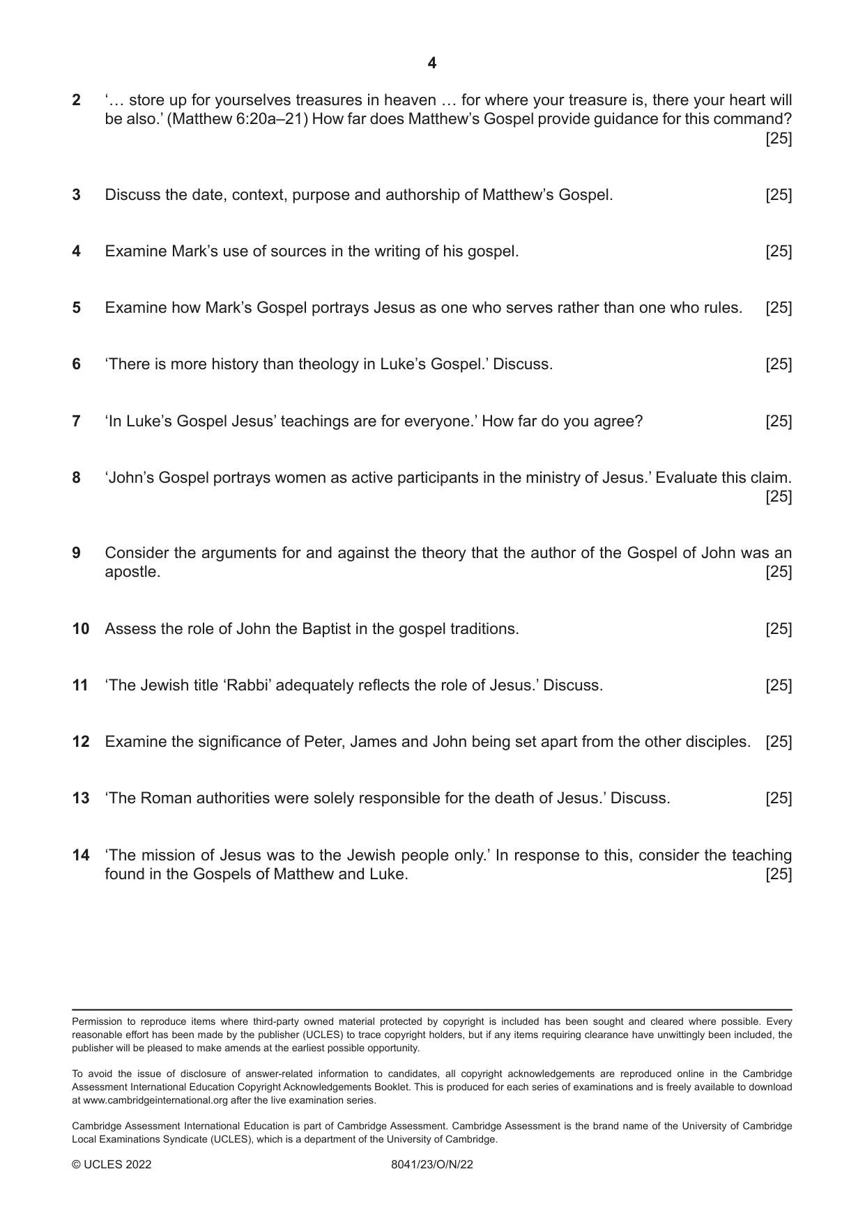 Cambridge A Level Divinity (AS Level only) 8041 2022 Oct/Nov Paper 2 · Variant 3 question paper, page 4 of 4